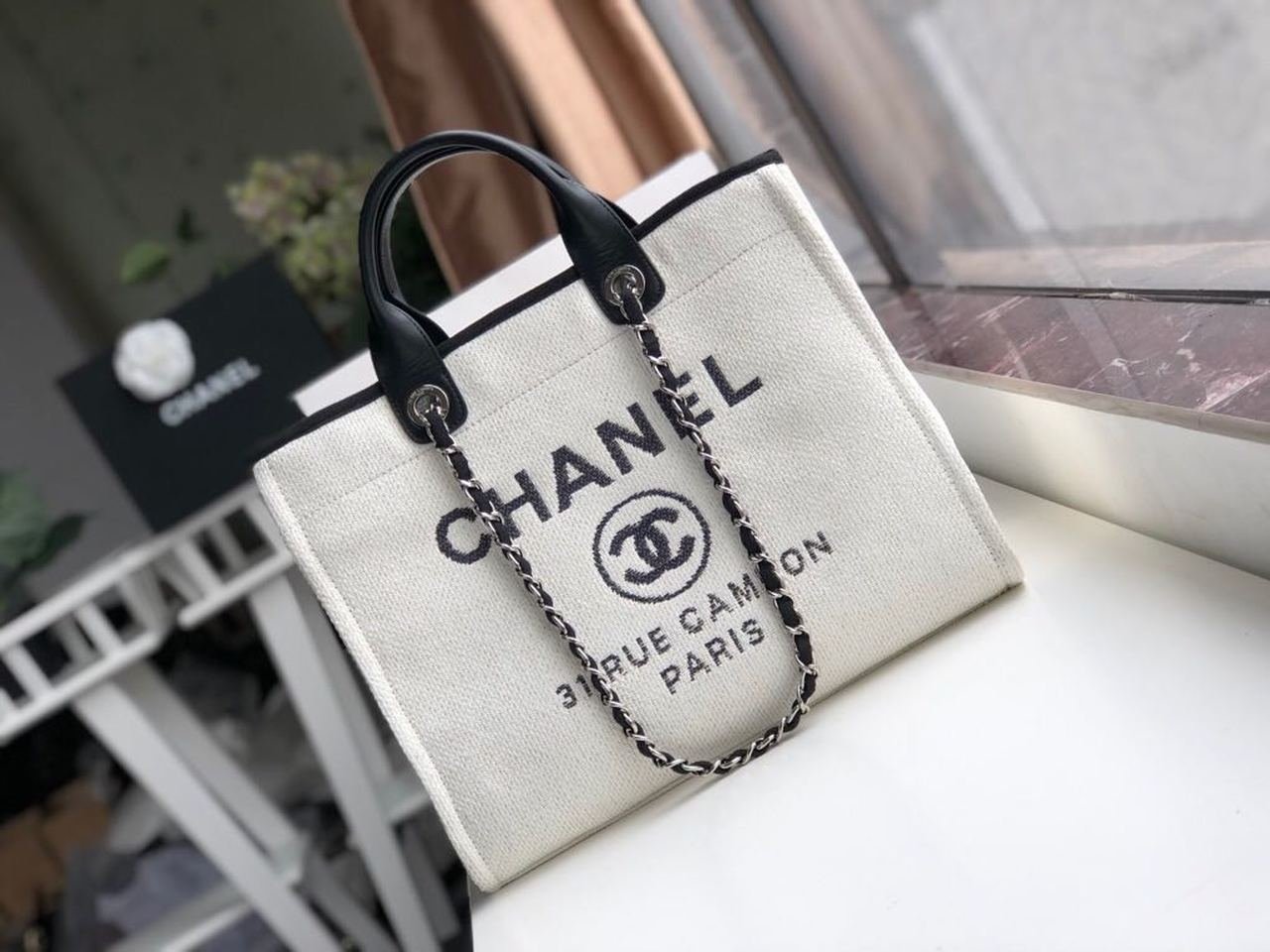 Chanel Deauville Tote 38cm Twill Canvas Bag Fall/Winter Collection White/Black
