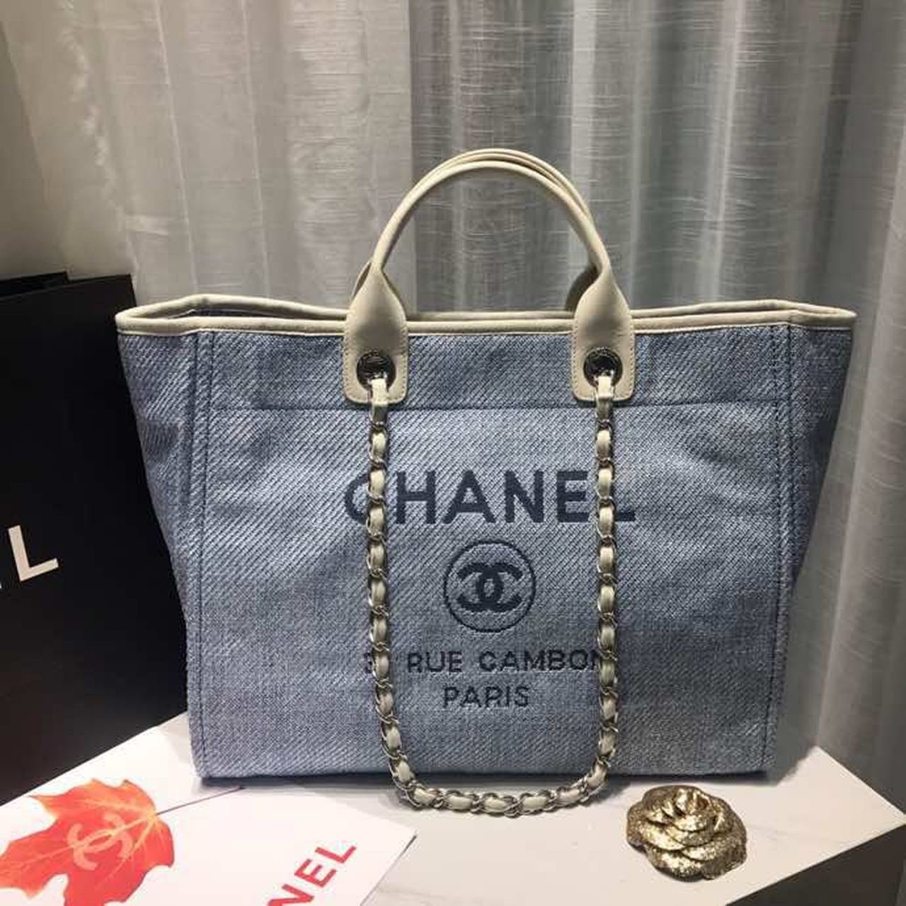 Chanel Deauville Tote 38cm Canvas Bag Spring/Summer Collection Light Blue Denim/White