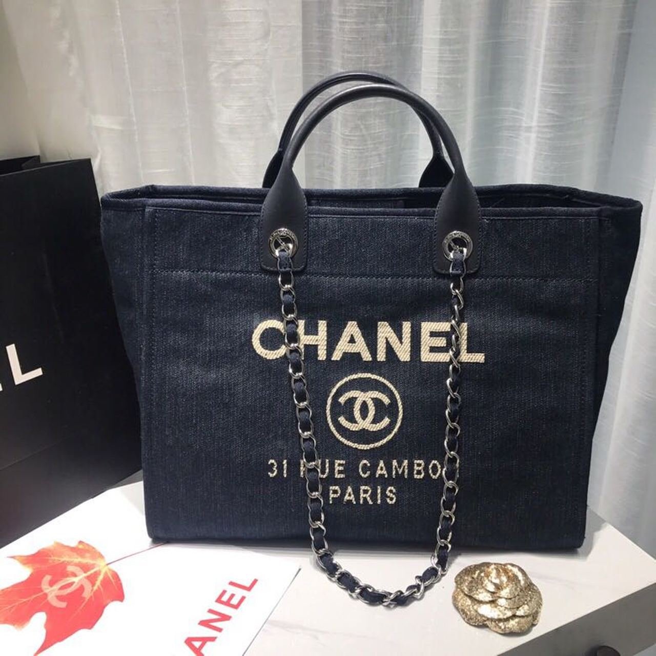 Chanel Deauville Tote 38cm Canvas Bag Spring/Summer Collection Dark Blue Denim/White
