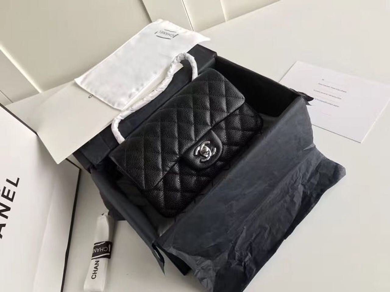 Chanel Classic Flap Bag 20cm Silver Hardware Caviar Leather Spring/Summer Collection Black