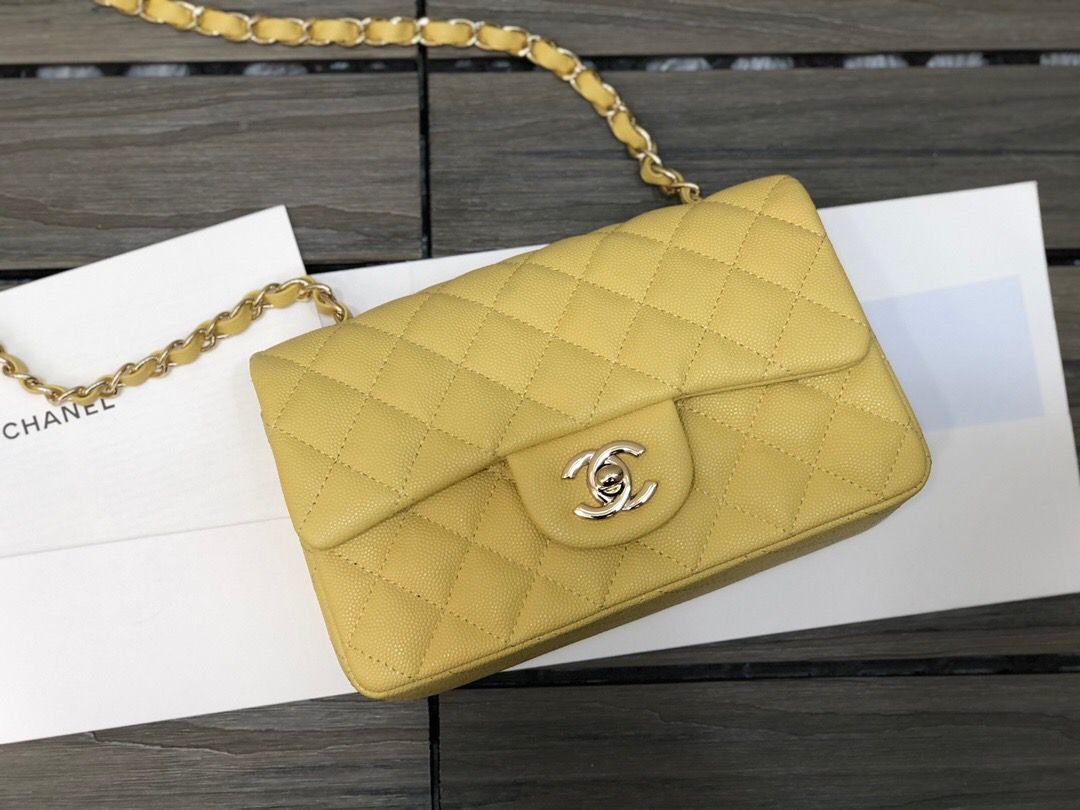 Chanel Classic Flap Bag 20cm Silver Hardware Caviar Leather Spring/Summer Collection Yellow