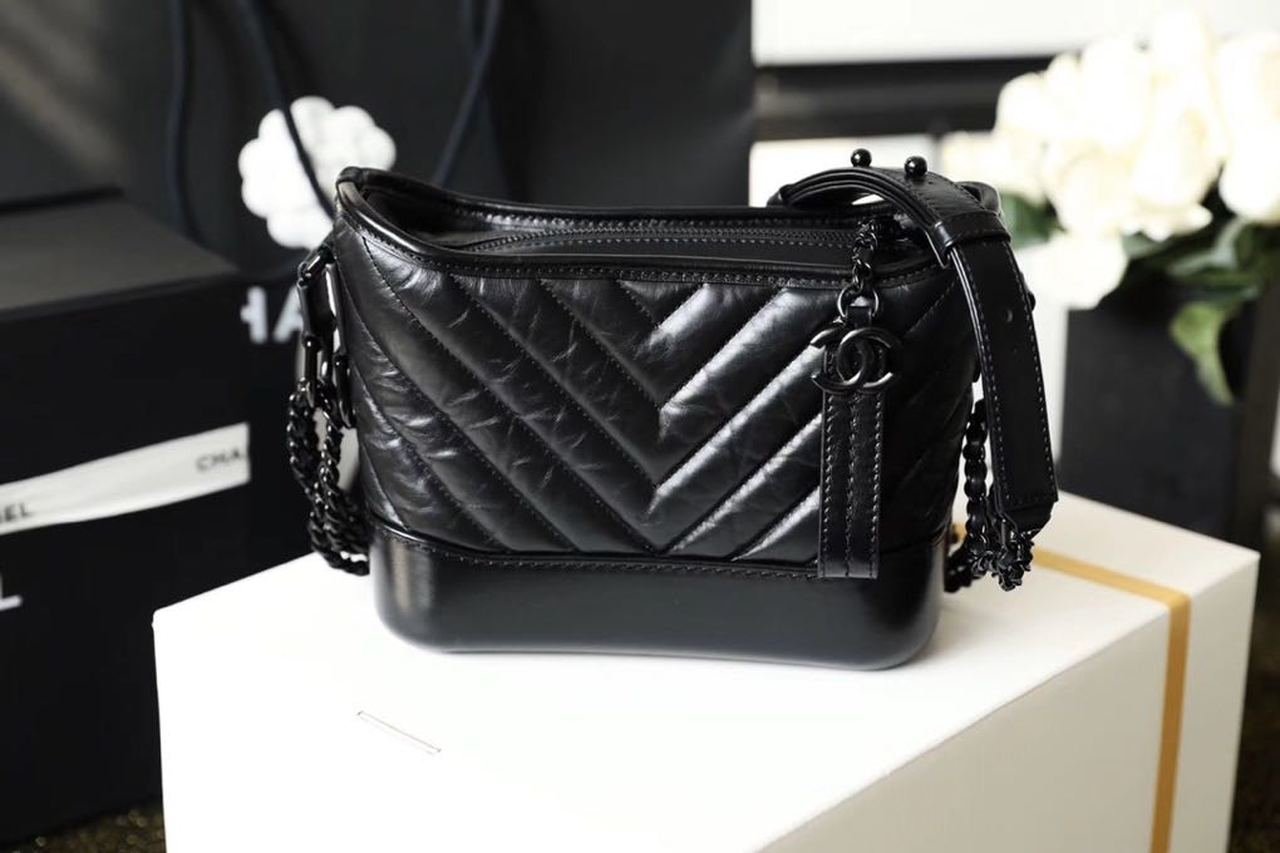 Chanel Chevron Gabrielle Hobo Bag 20cm Aged Calfskin Leather Spring/Summer Act 1 Collection, So Black