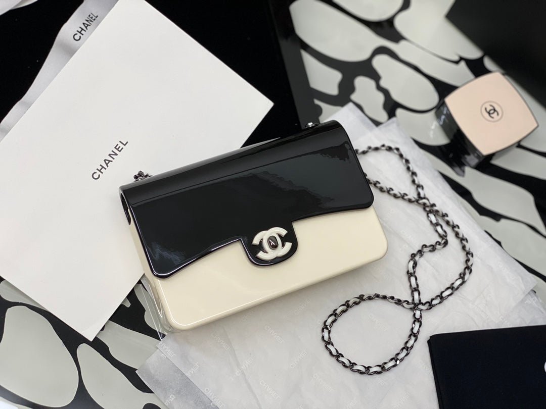 Chanel Black Ivory Hard Evening Plastic Small Evening Shoulder Flap Bag 18cm