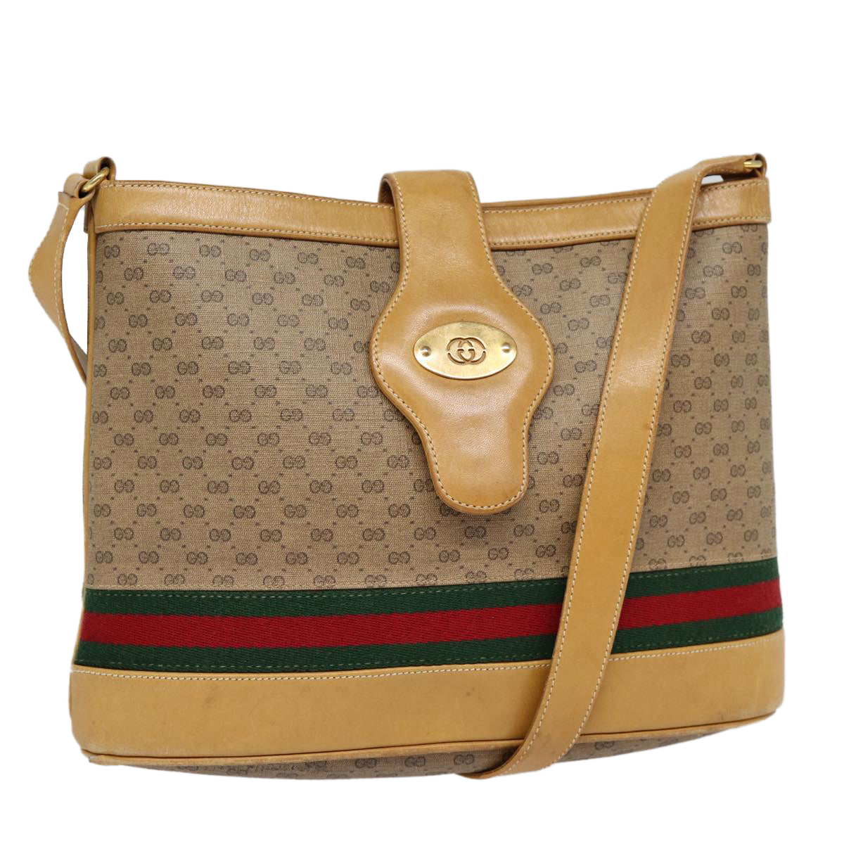 GUCCI Micro GG Canvas Web Sherry Line Shoulder Bag Beige Gold Auth 88776