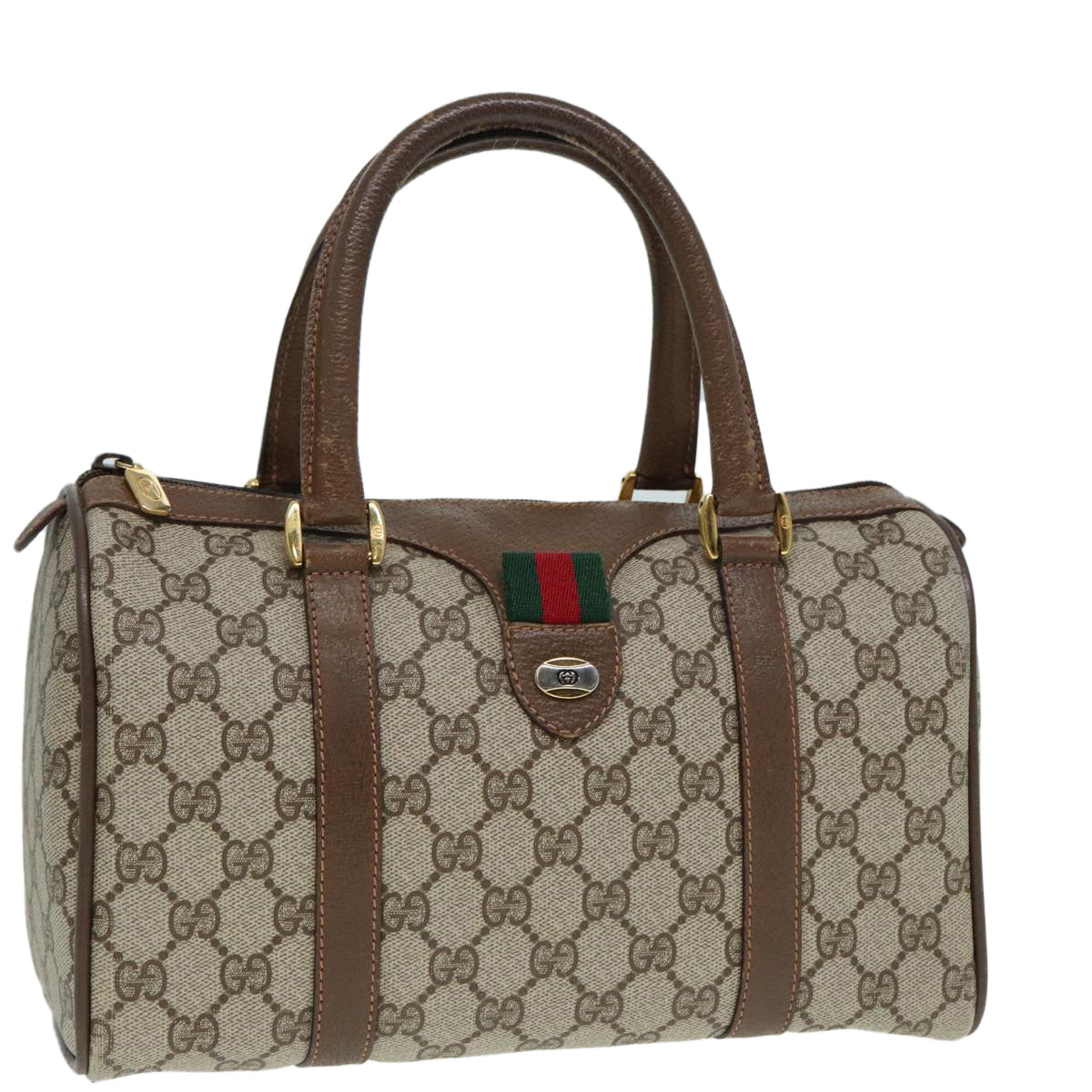 GUCCI GG Supreme Web Sherry Line Boston Bag PVC Beige Gold 39 02 006 Auth fm3791