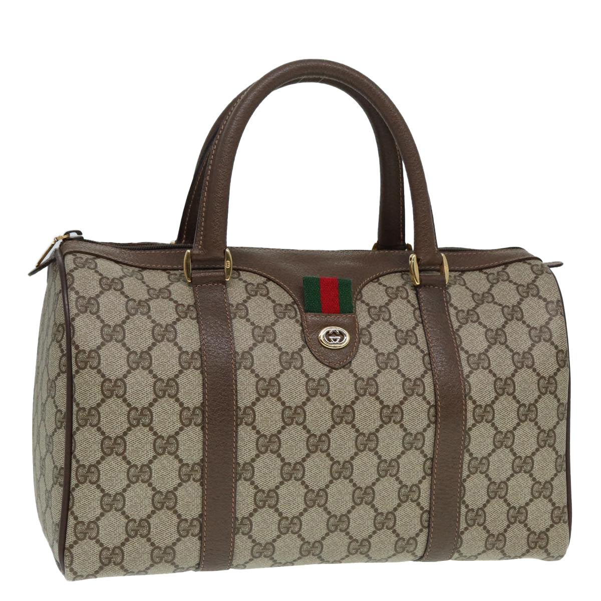 GUCCI GG Supreme Web Sherry Line Boston Bag PVC Beige Gold 40 02 007 Auth fm3792