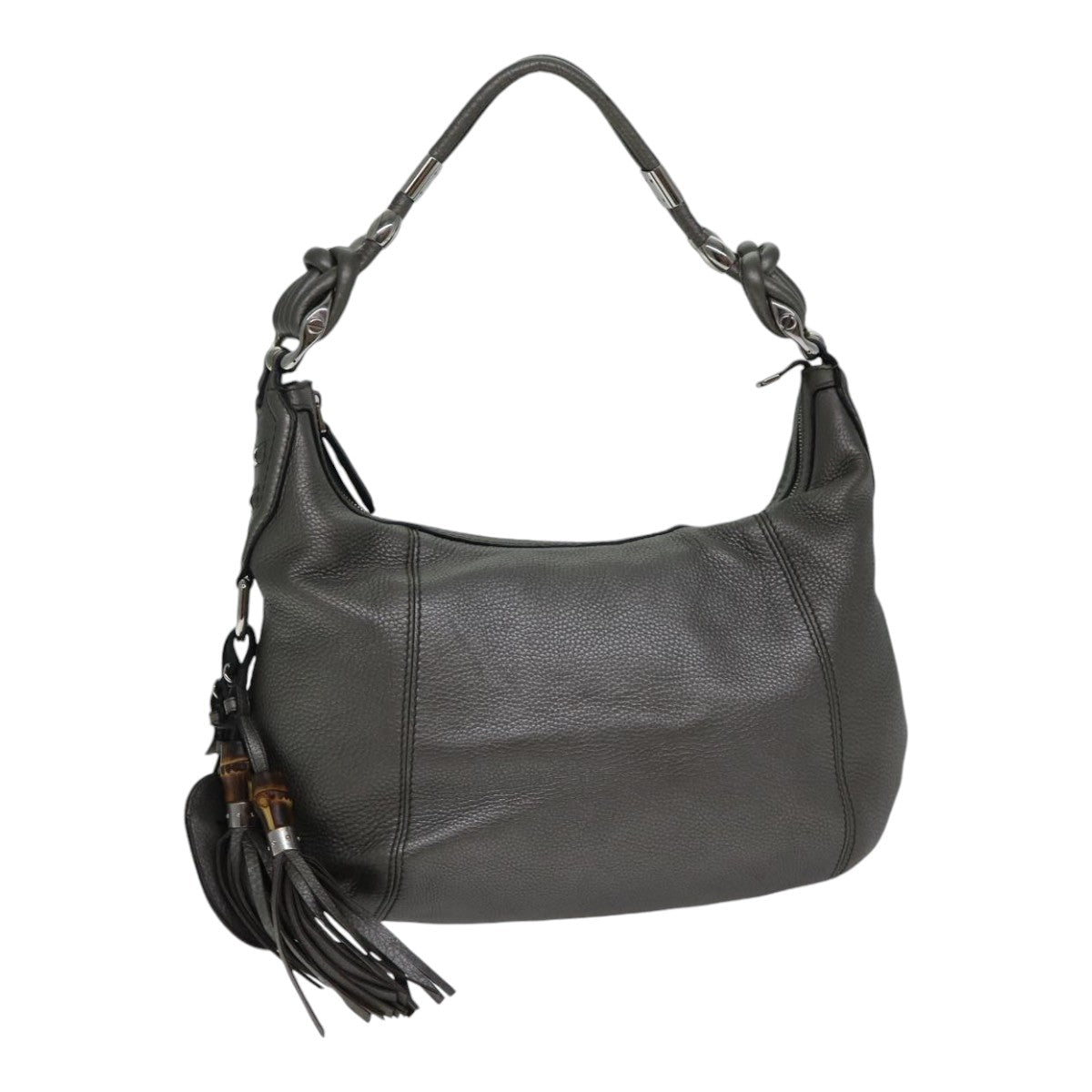 GUCCI Bamboo Fringe Shoulder Bag Leather Silver Auth ki4907