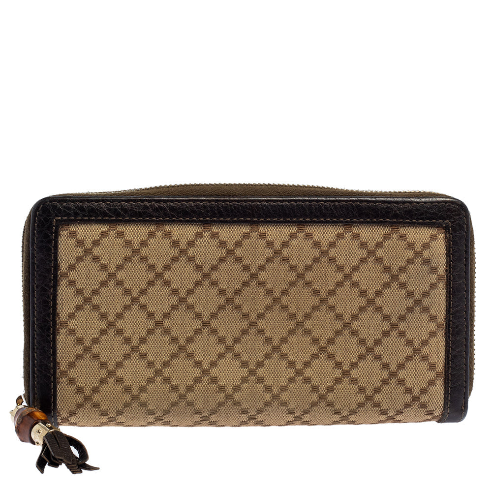 Gucci BeigeBrown Diamante Canvas and Leather Bamboo Tassel Zip Around Wallet