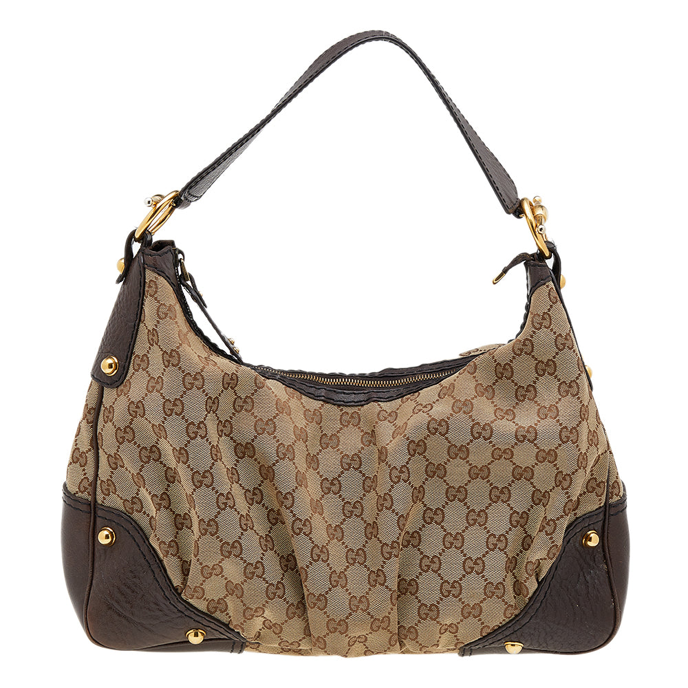 Gucci BeigeBrown GG Canvas And Leather Medium Jockey Hobo