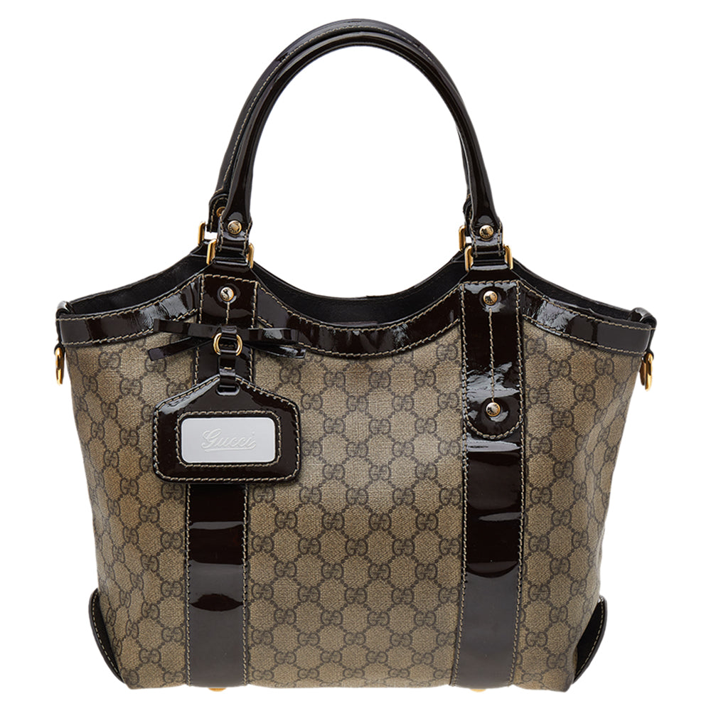 Gucci BeigeBrown GG Supreme Coated Canvas And Patent Leather Bow Mirror Sukey Tote