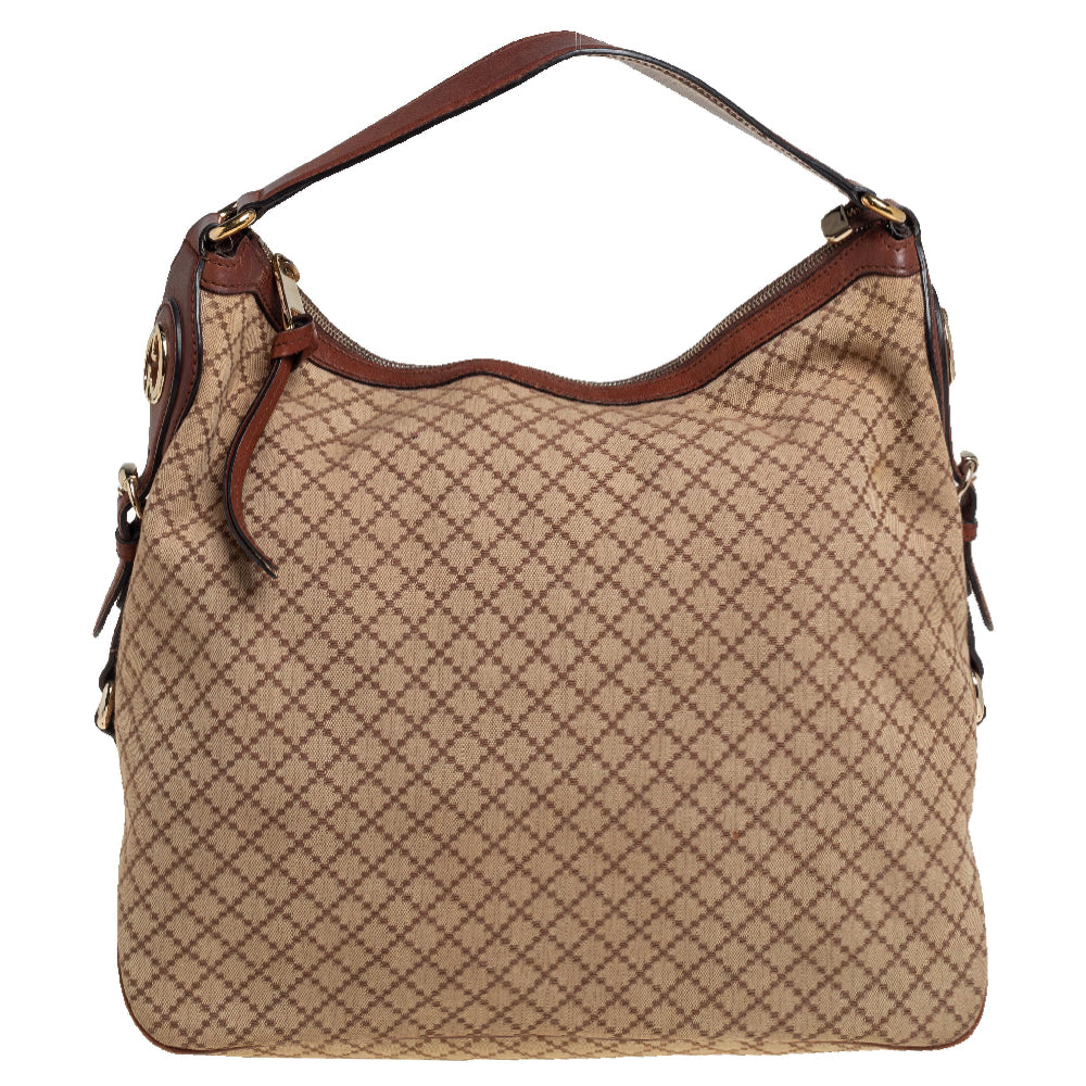Gucci BeigeBrown Diamante Canvas and Leather Village Double G Hobo