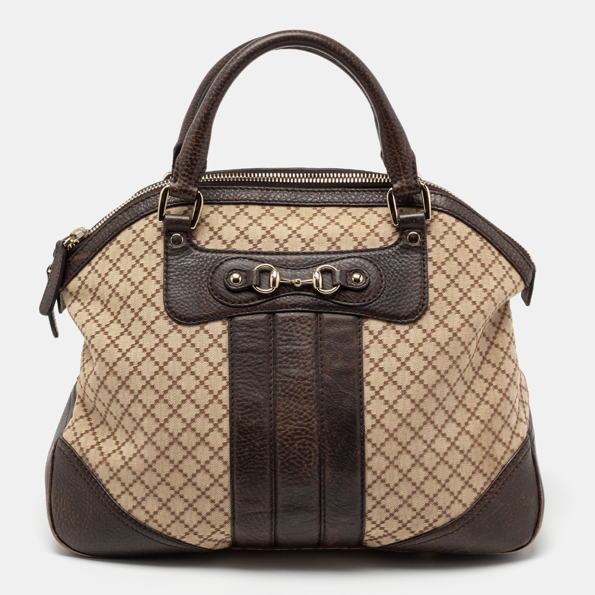 Gucci BeigeBrown Diamante Canvas And Leather Large Horsebit Catherine Satchel