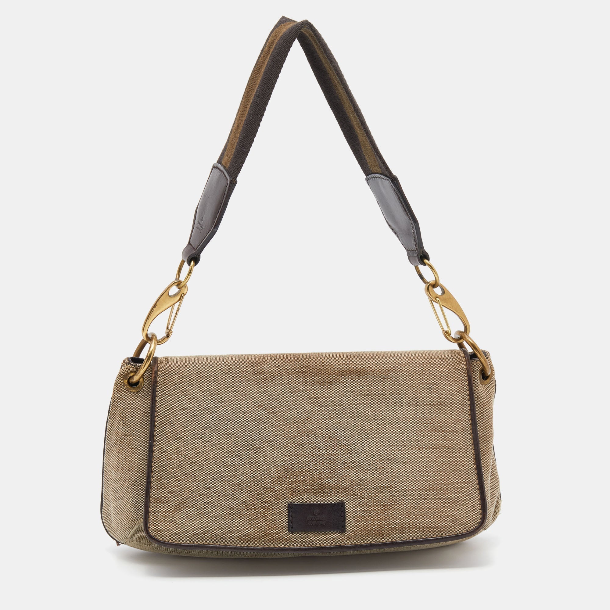Gucci BeigeBrown Canvas And Leather Flap Shoulder Bag