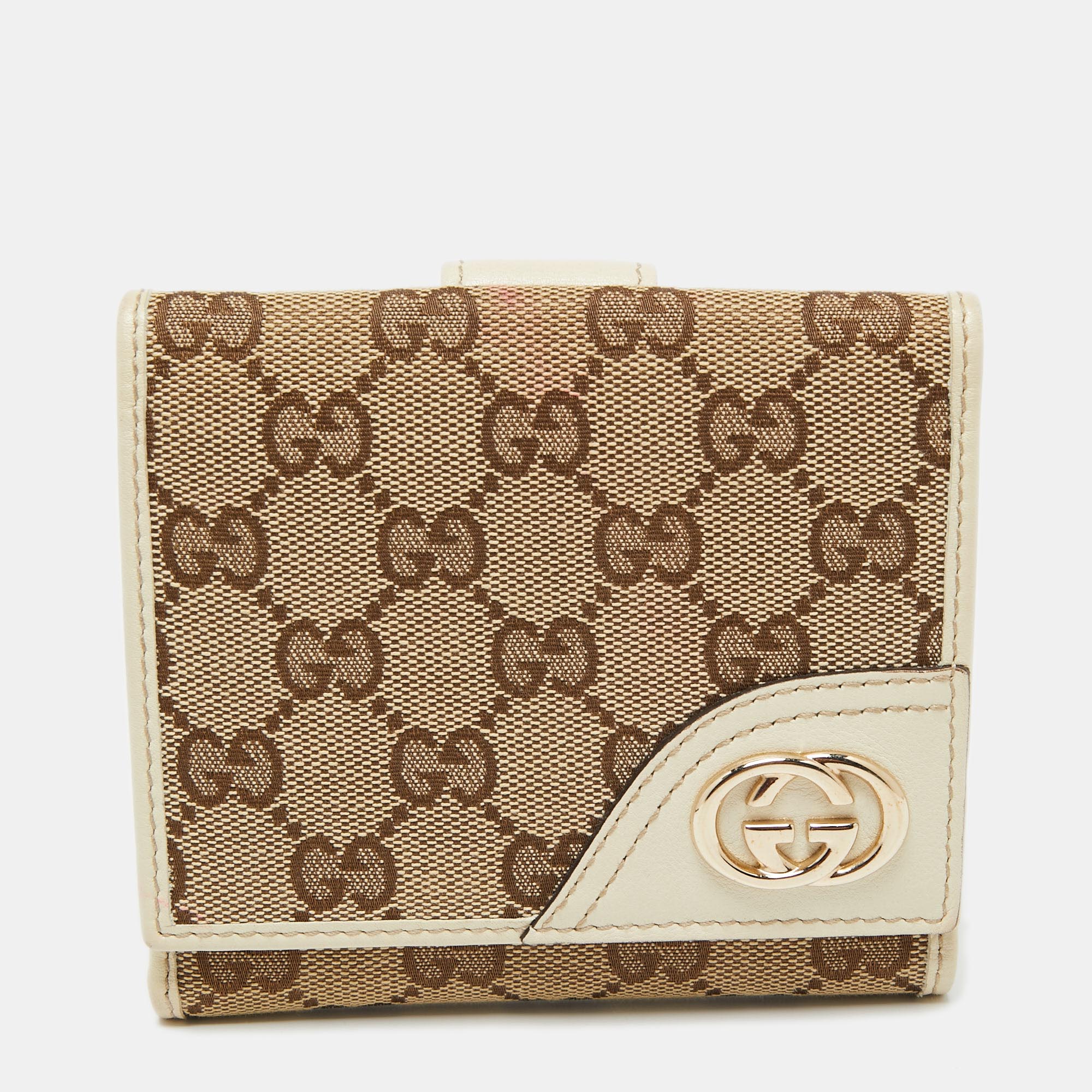 Gucci BeigeBrown GG Canvas and Leather Interlocking G French Wallet