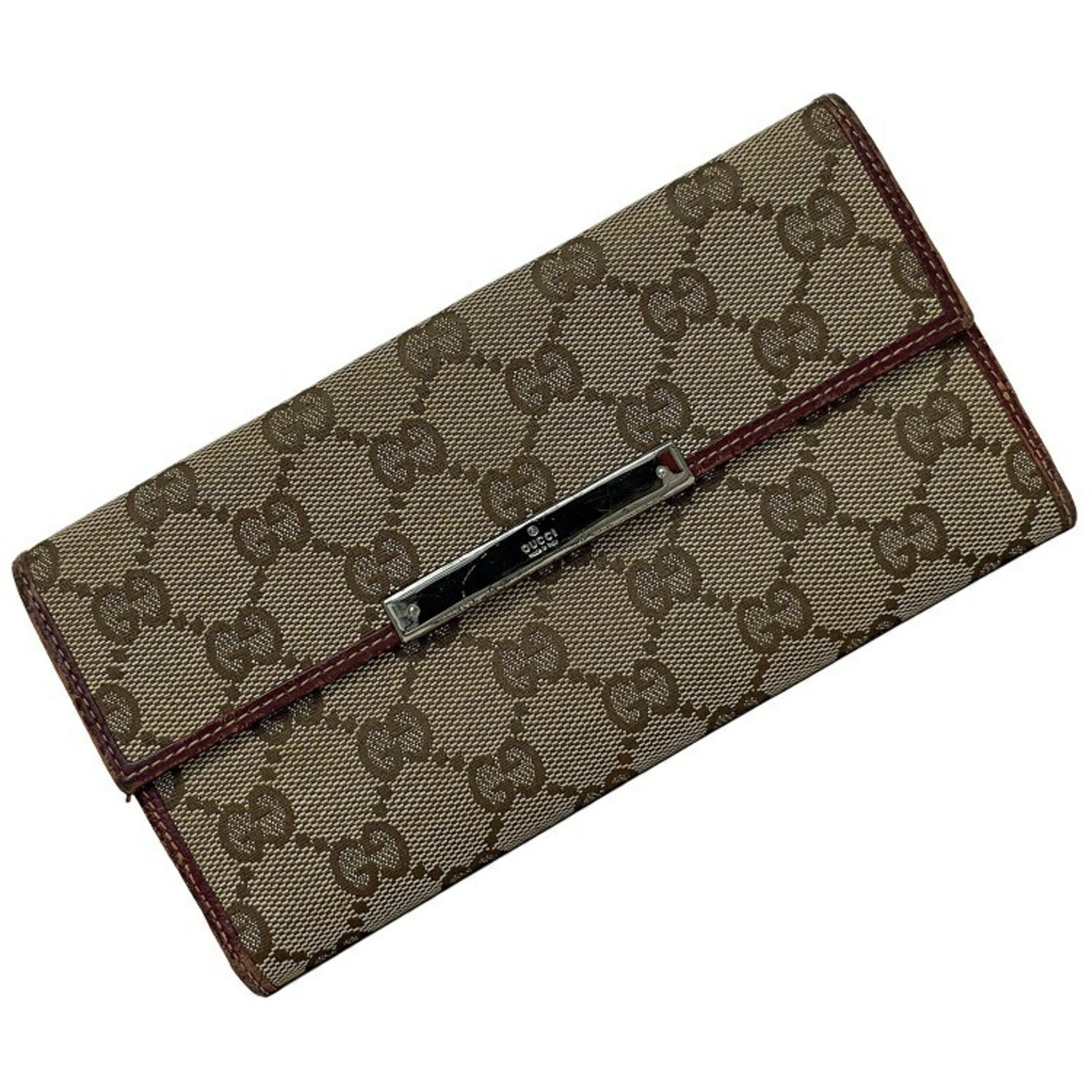 Gucci BiFold Wallet Beige Wine Red 112715 GG Canvas Leather GUCCI W Ladies Long Plate