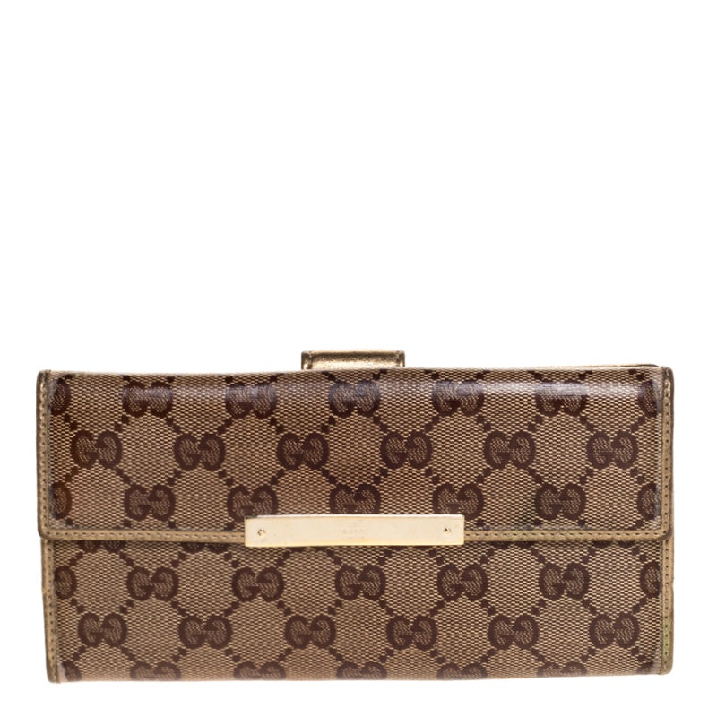 Gucci BeigeGold GG Crystal Canvas and Leather Logo Metal Plate Continental Wallet