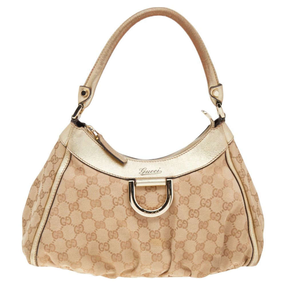 Gucci BeigeGold GG Canvas And Leather D Ring Hobo
