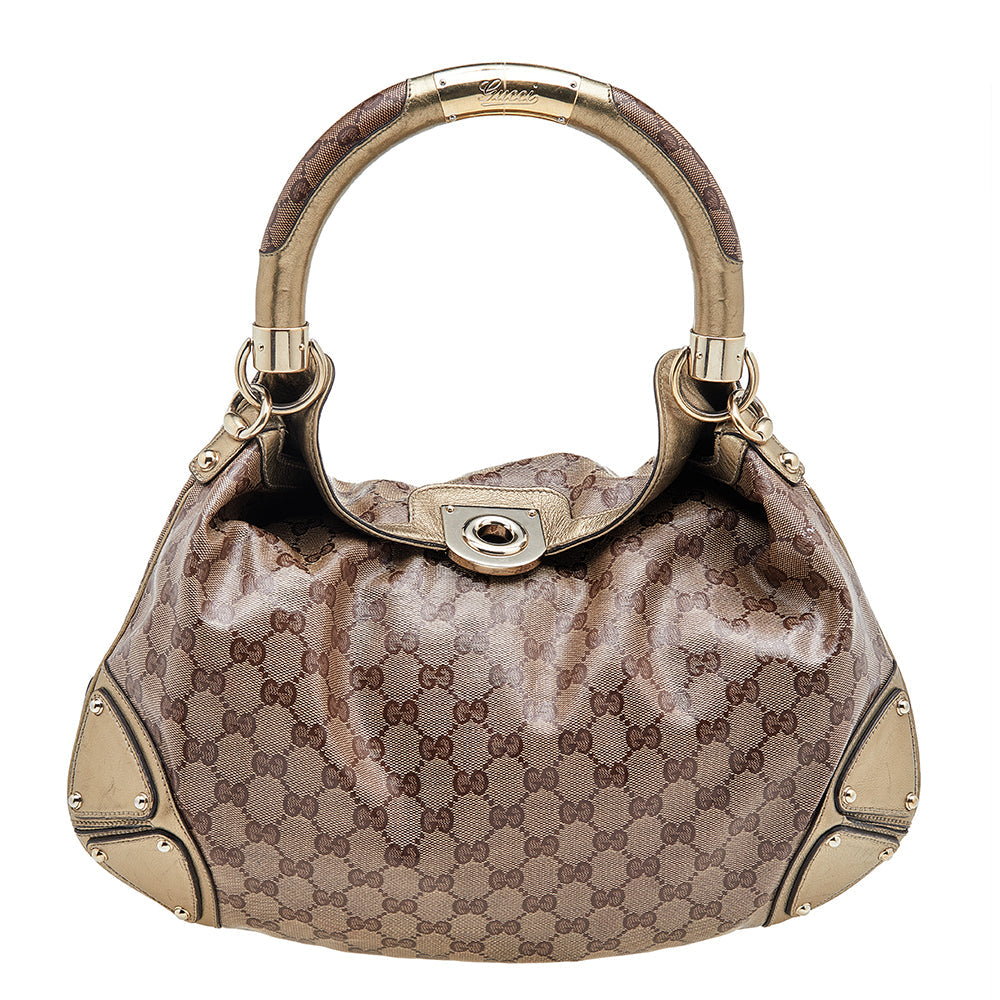 Gucci BeigeGold GG Crystal Canvas and Leather Medium Babouska Indy Hobo
