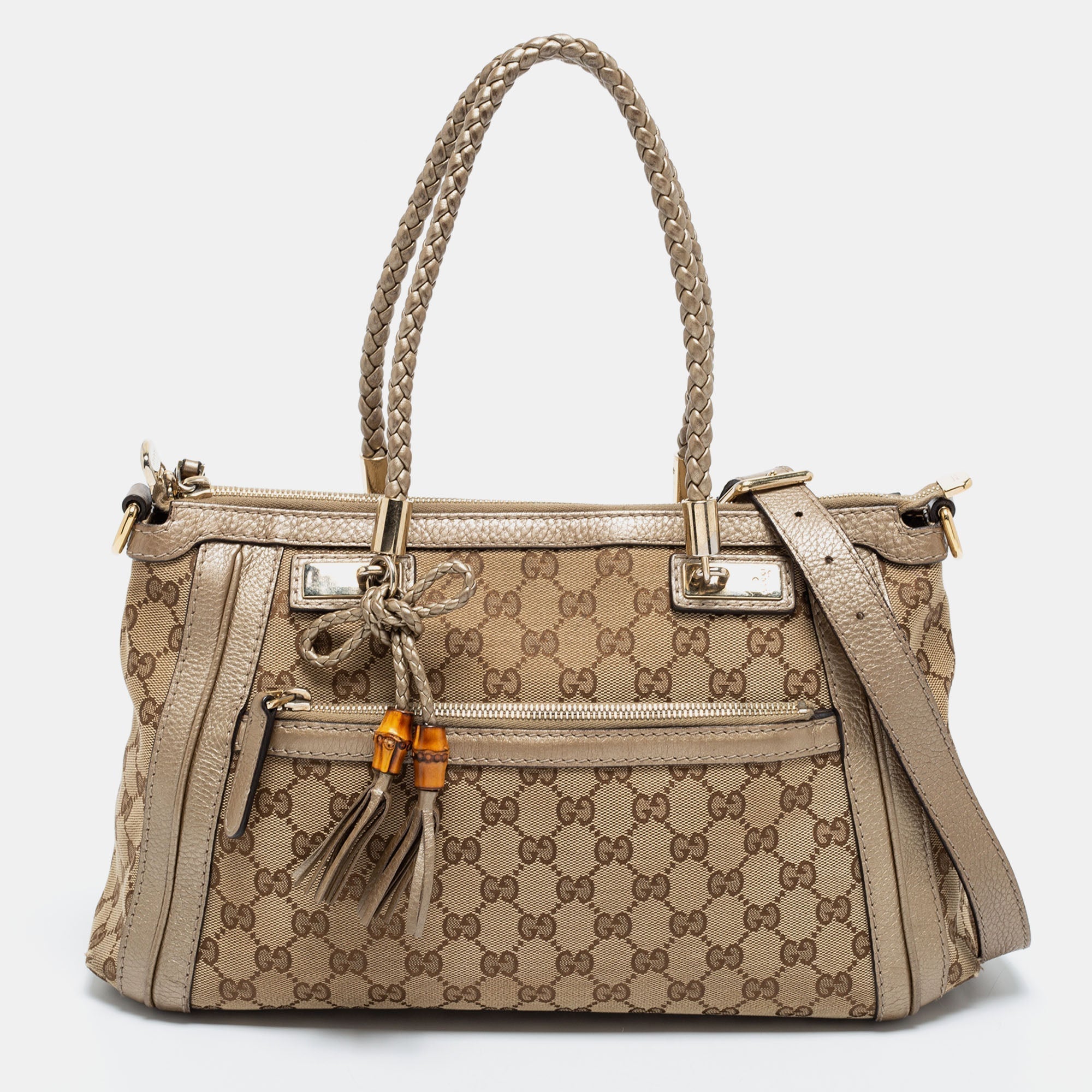 Gucci BeigeGold GG Canvas and Leather Small Bella Tote