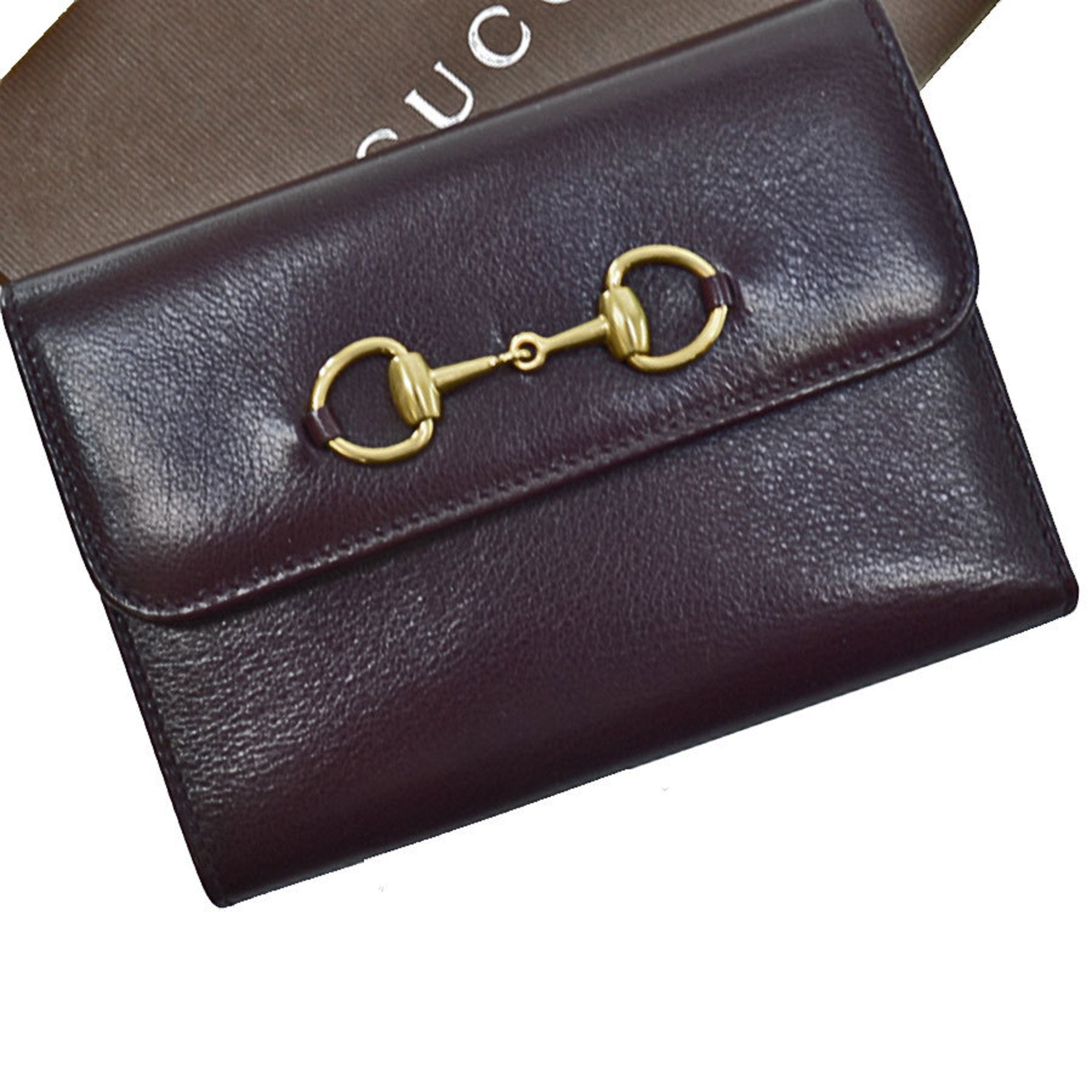 Gucci Wallet Horsebit Dark Brown Gold Leather TriFold Ladies 035.2149.1835