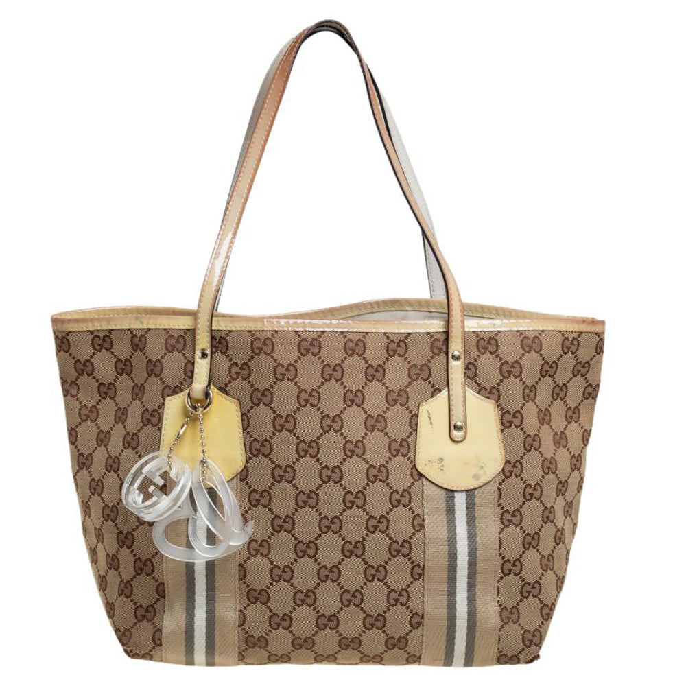 Gucci BeigeYellow GG Canvas And Patent Leather Tote
