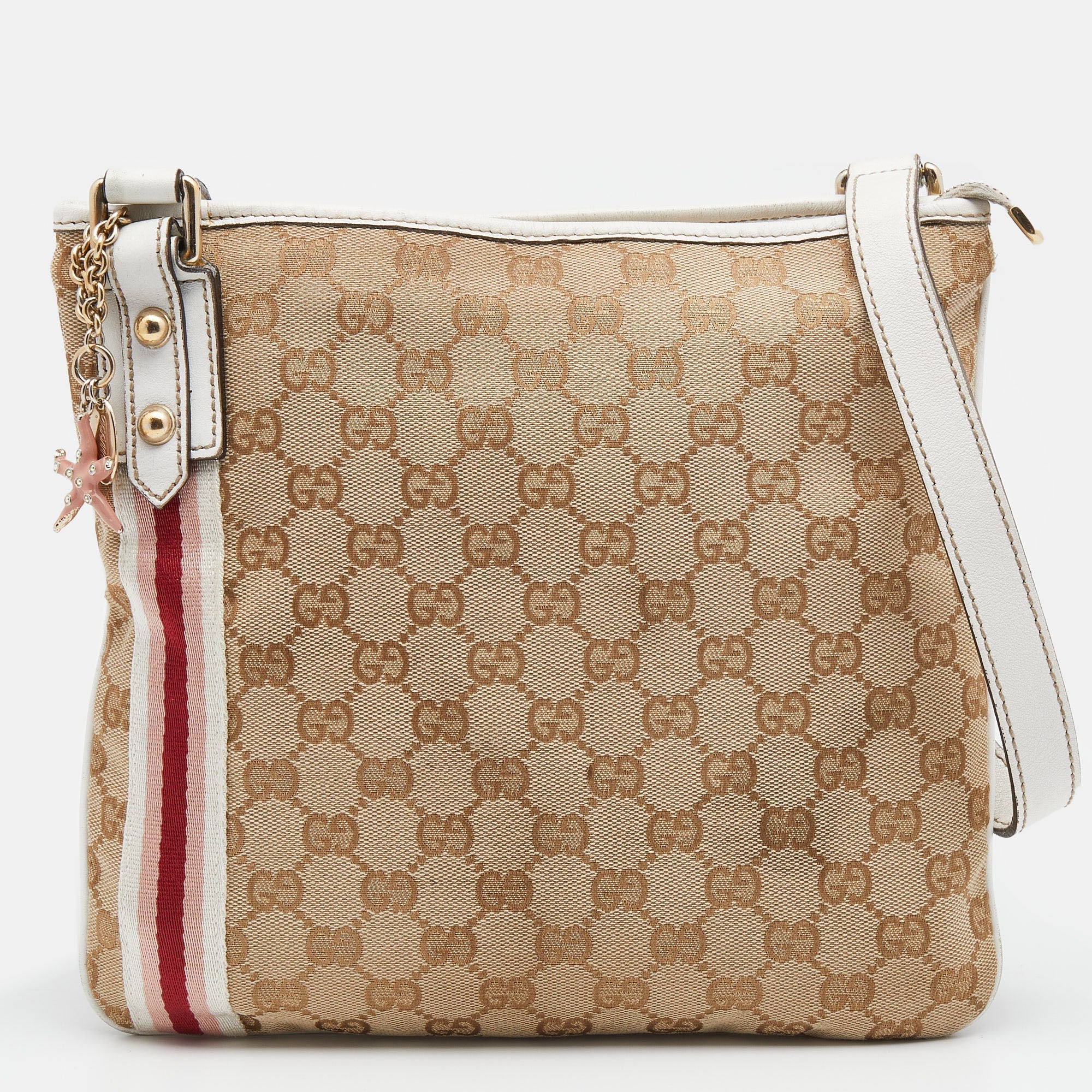 Gucci BeigeWhite GG Canvas And Leather Web Jolicoeur Charms Shoulder Bag