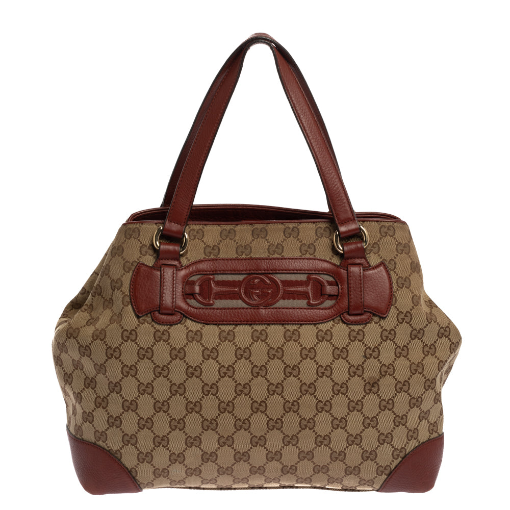 Gucci BeigeRed GG Canvas and Leather Medium Supreme Web Dressage Tote
