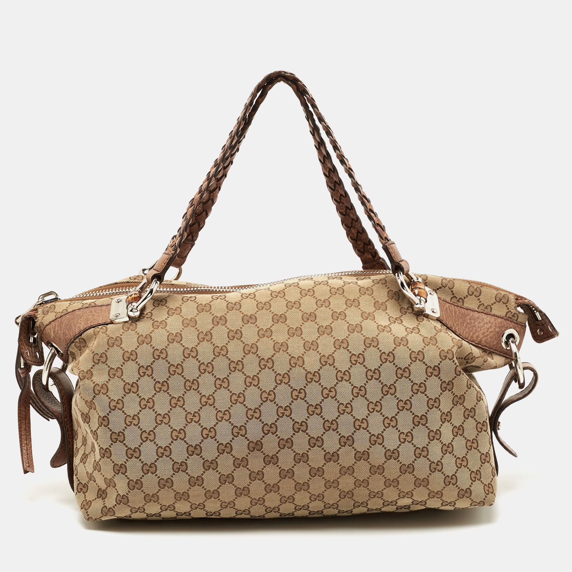 Gucci BrownBeige GG Canvas Medium Bamboo Bar Tote