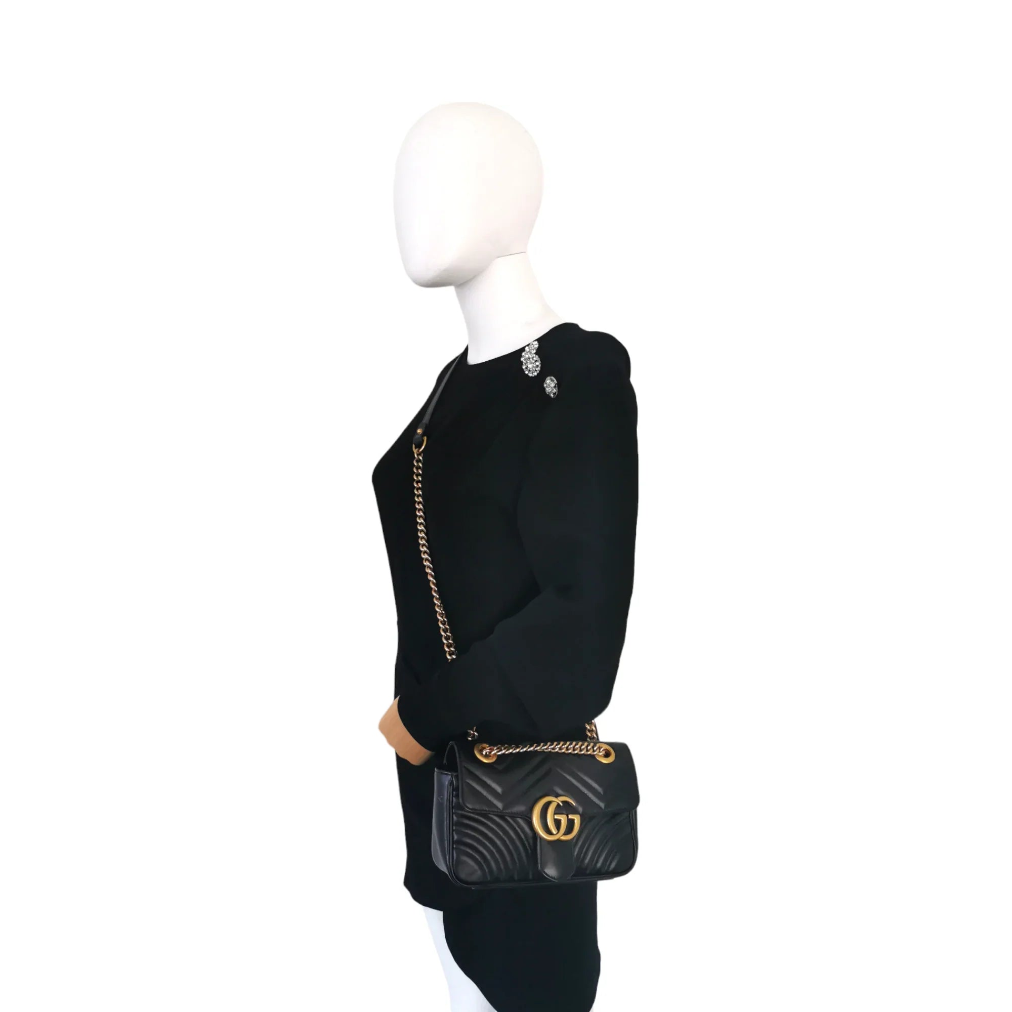 Gucci GG Marmont Mini Black Matelass Leather Gold
