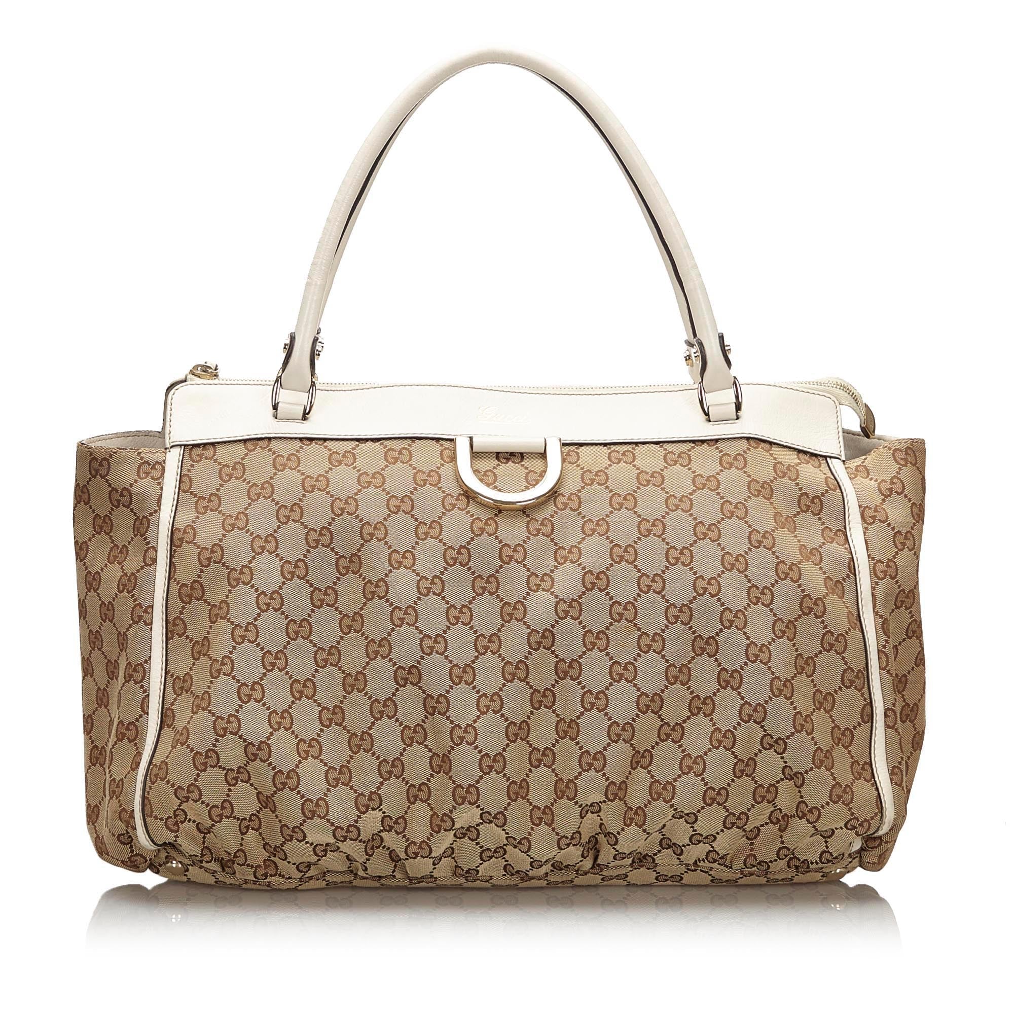 Gucci Brown Beige Canvas Fabric GG AbbeyD Ring Tote Bag Italy