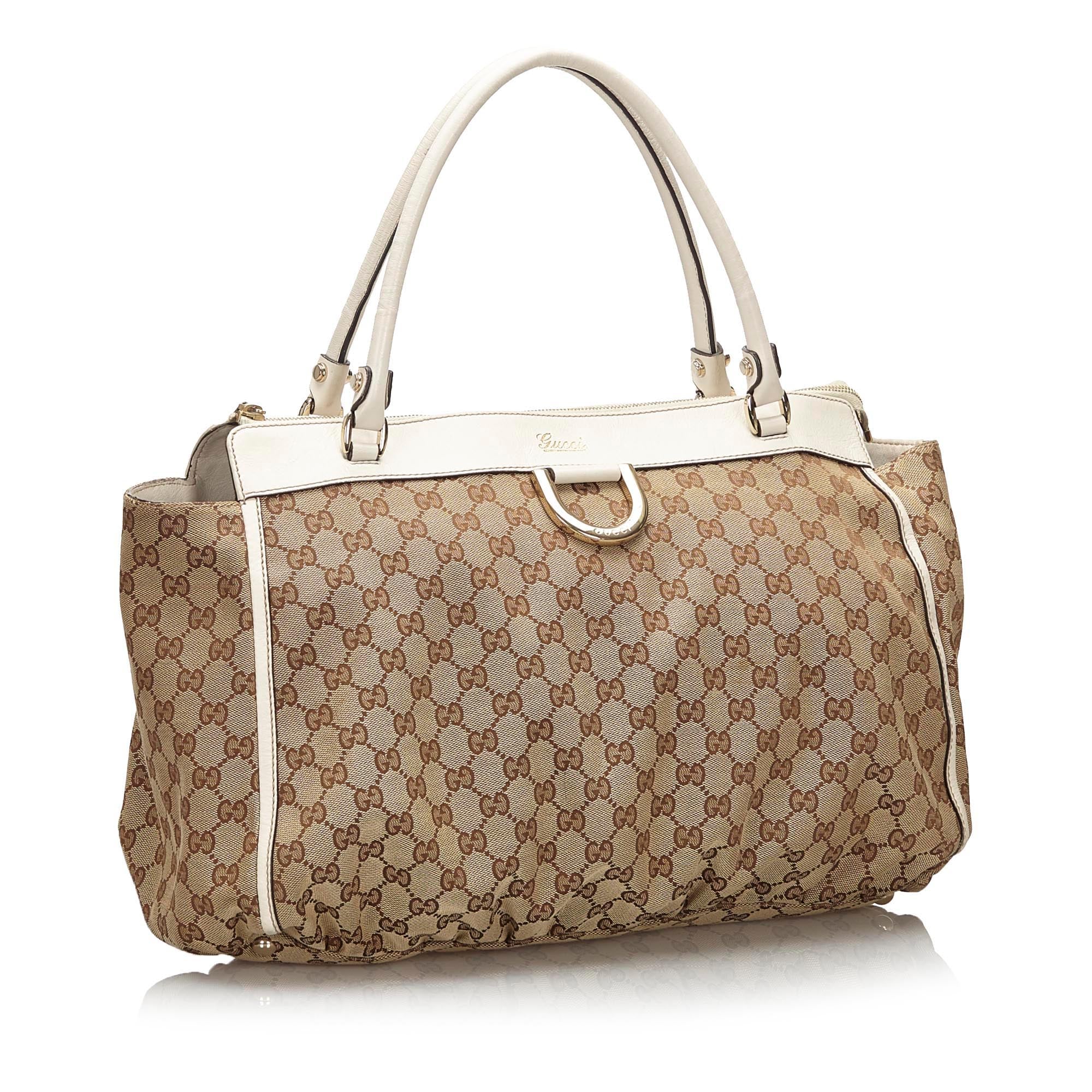 Gucci Brown Beige Canvas Fabric GG AbbeyD Ring Tote Bag Italy