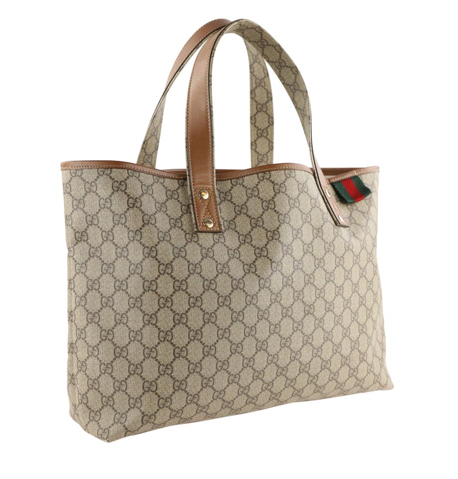 Gucci Gg Emblem Leathertrimmed Printed Coatedcanvas Tote Women Beige Tote Bags
