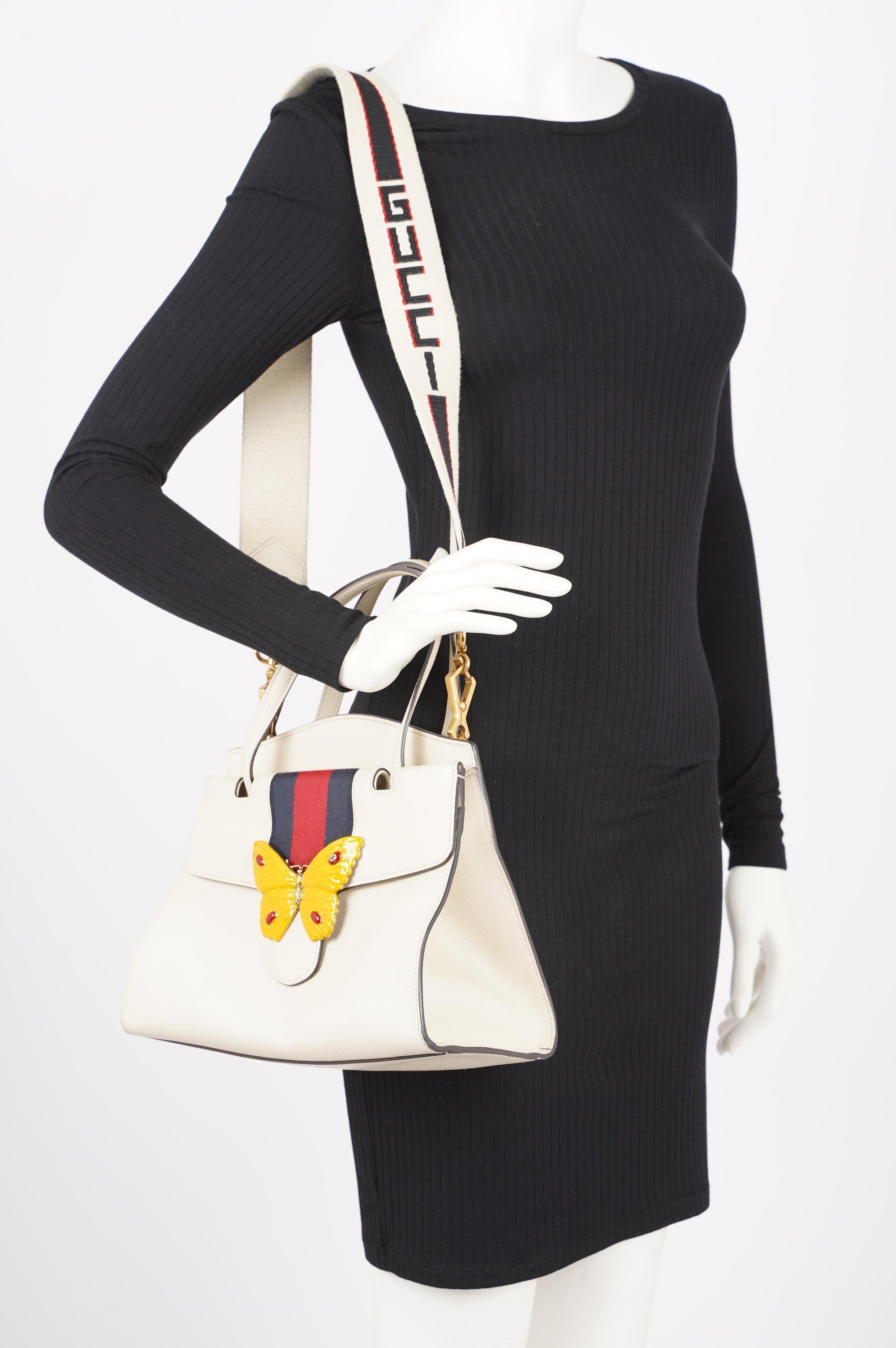 Gucci Totem Web Stripped Butterfly Bag White Leather Medium