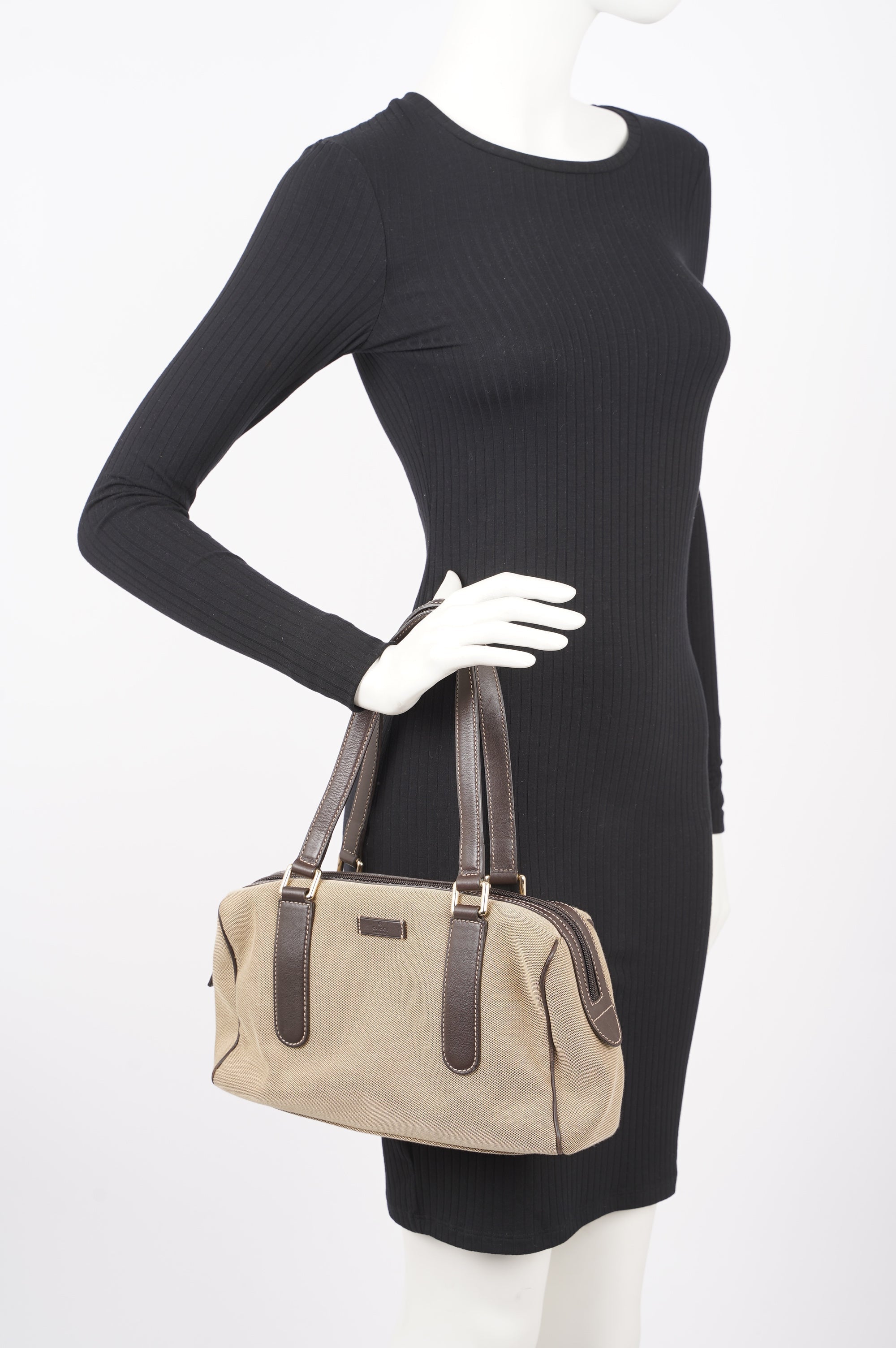 Gucci Canvas Boston Bag Beige Brown