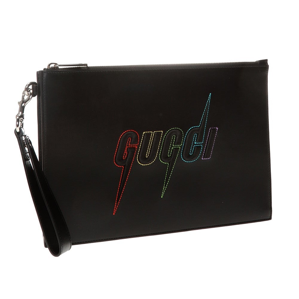 Gucci Blade Embroidered Black Leather Pouch Wristlet Bag 597678