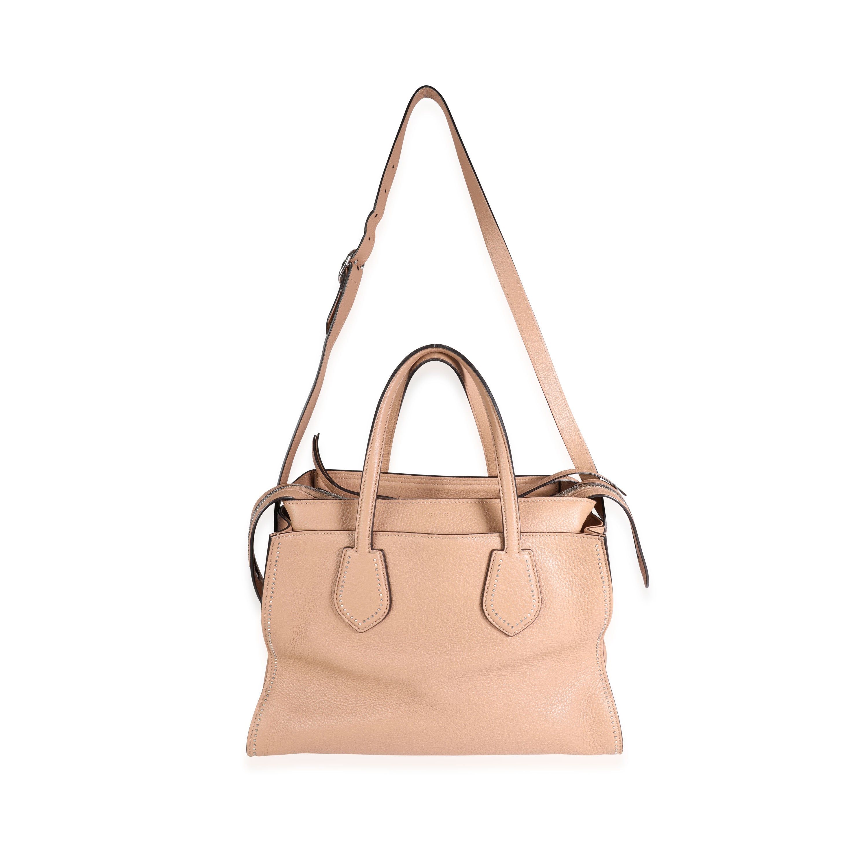 GUCCI Tan Pebbled Leather Studded Ramble Satchel