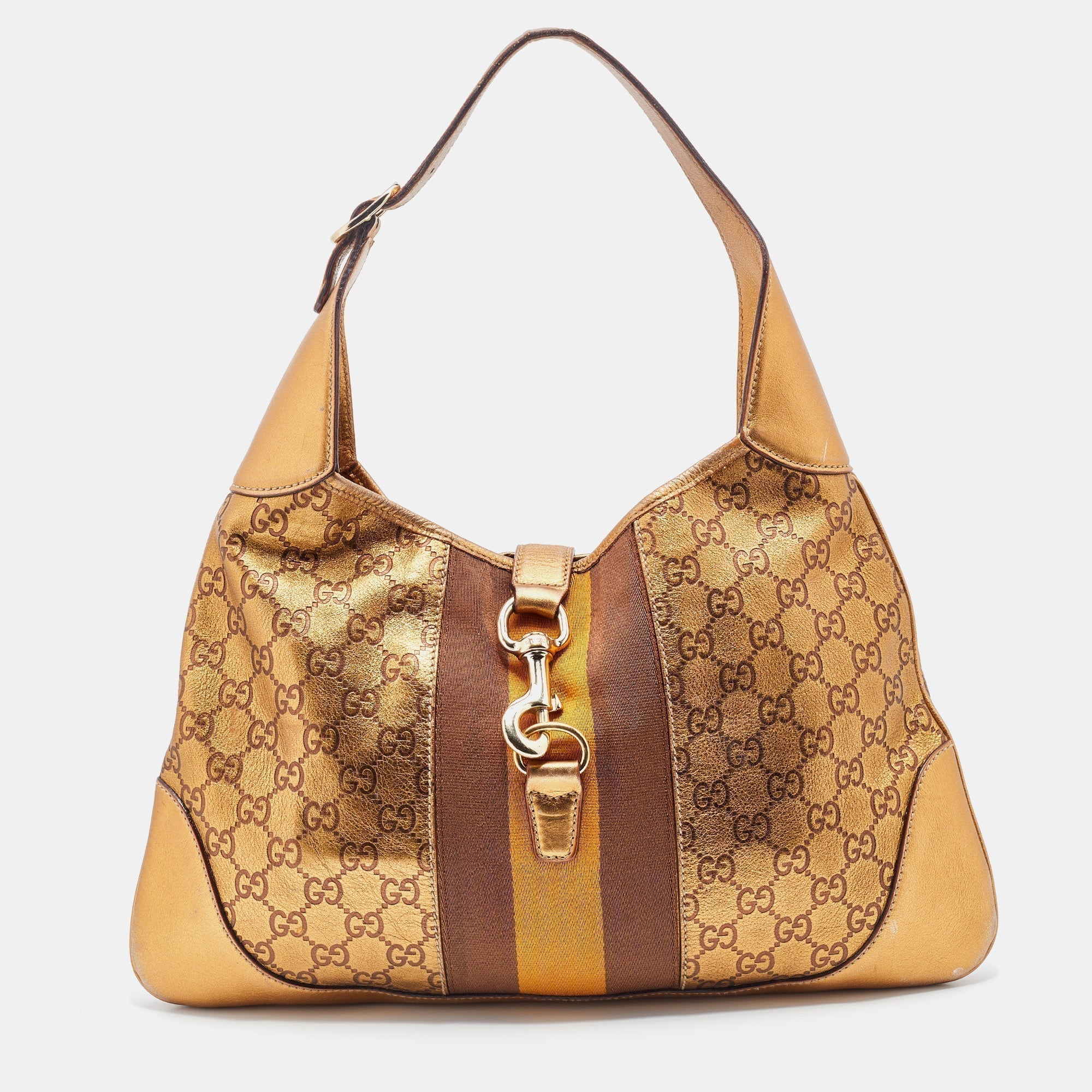 Gucci Gold Guccissima Leather Web Jackie O Bouvier Medium Hobo