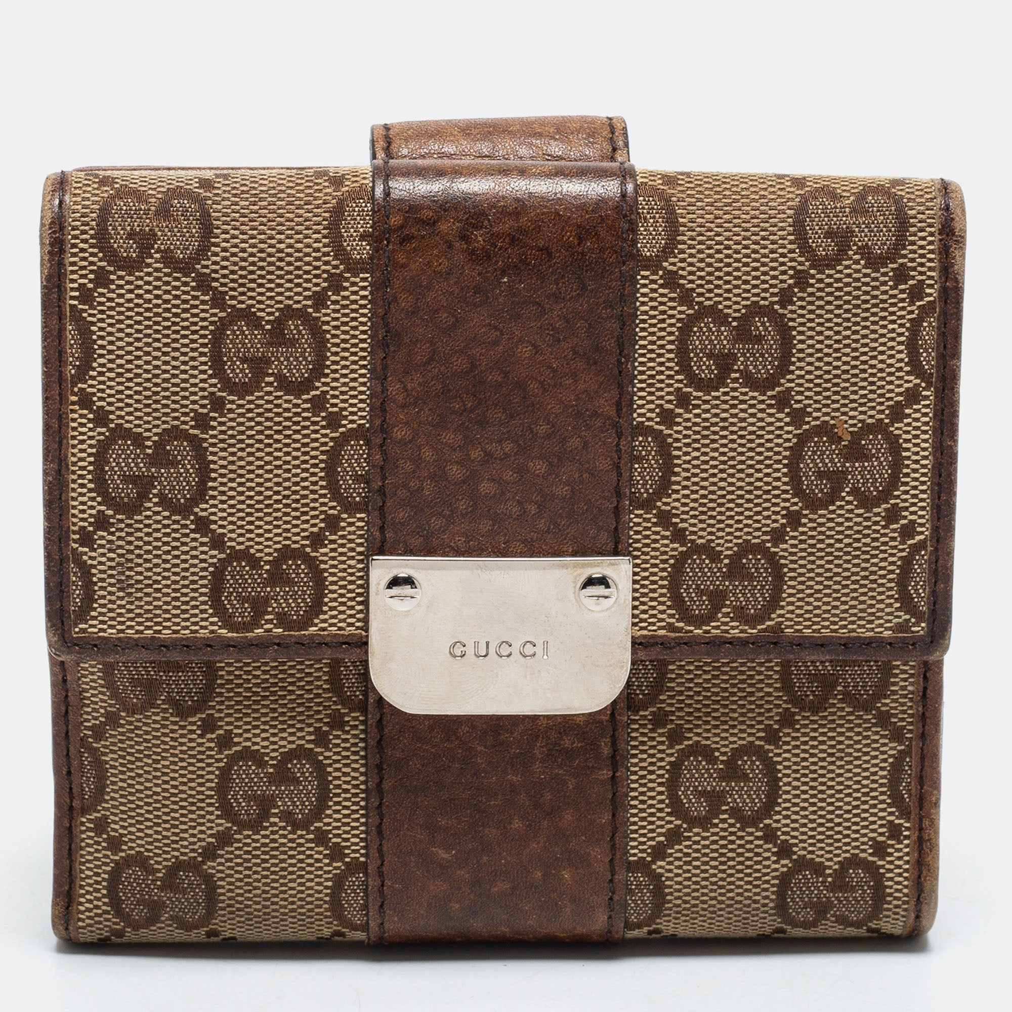 Gucci BrownBeige GG Canvas and Leather Flap French Wallet