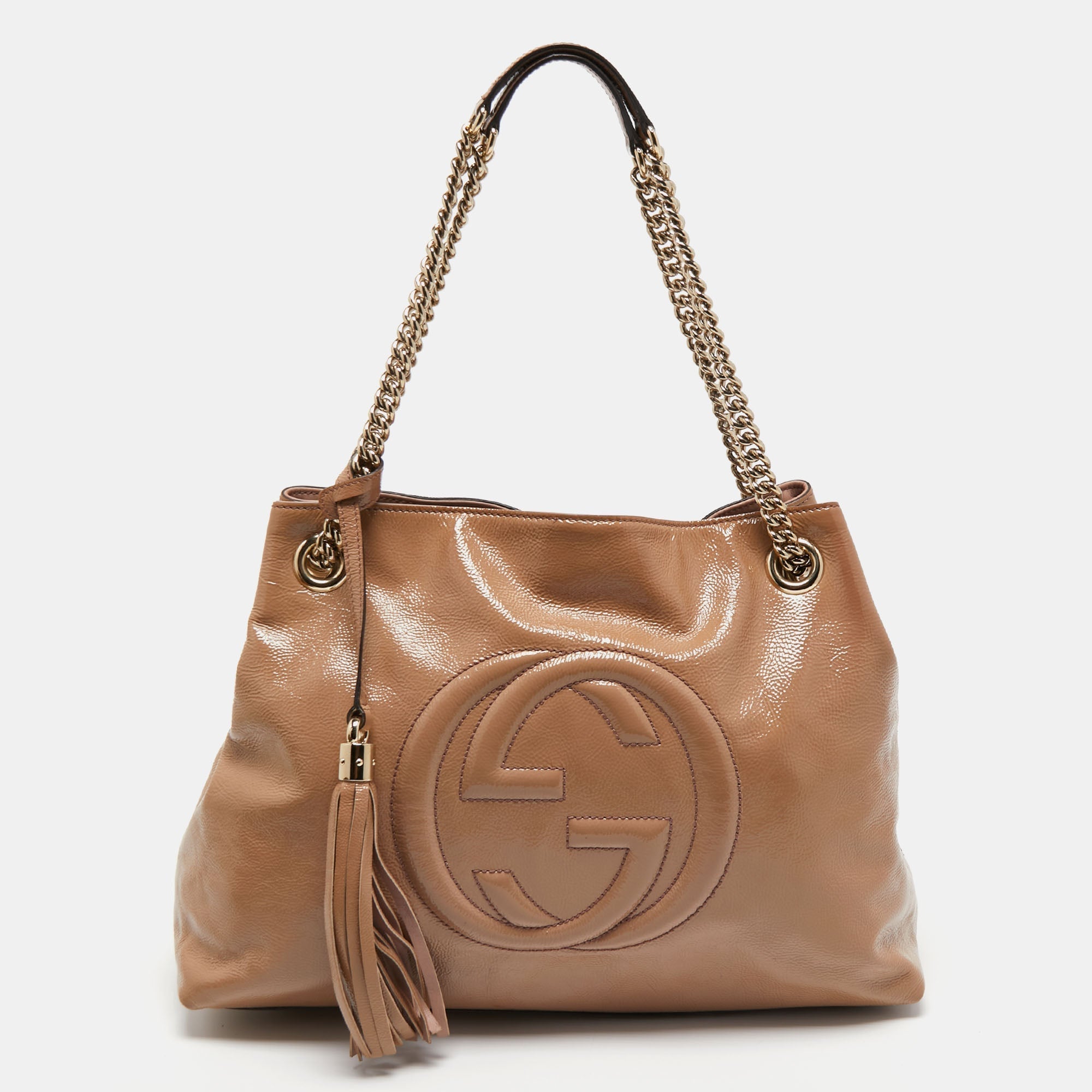 Gucci Beige Patent Leather Medium Soho Chain Tote
