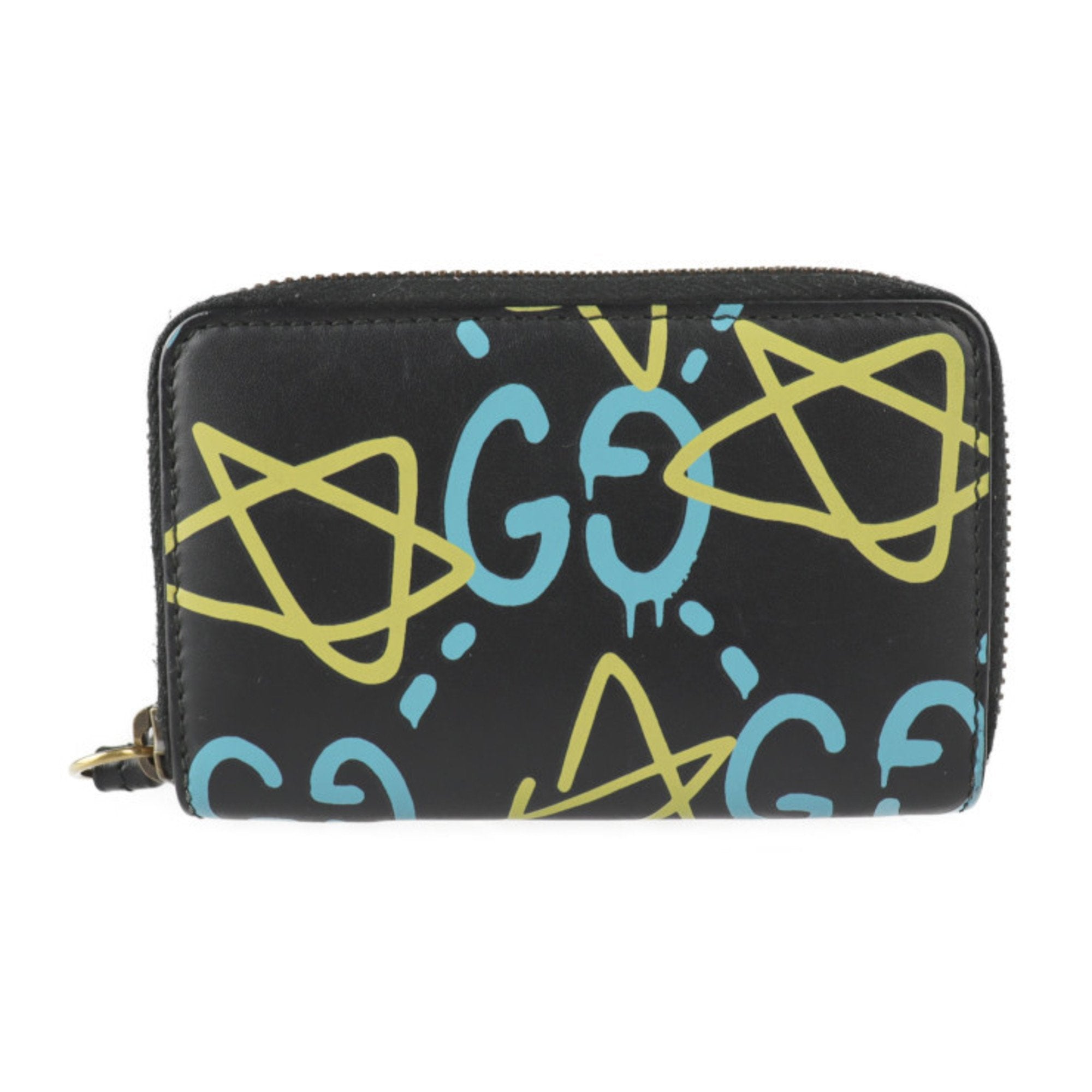 Gucci ghost coin case 448465 leather black light blue yellow gold metal fittings round fastener purse