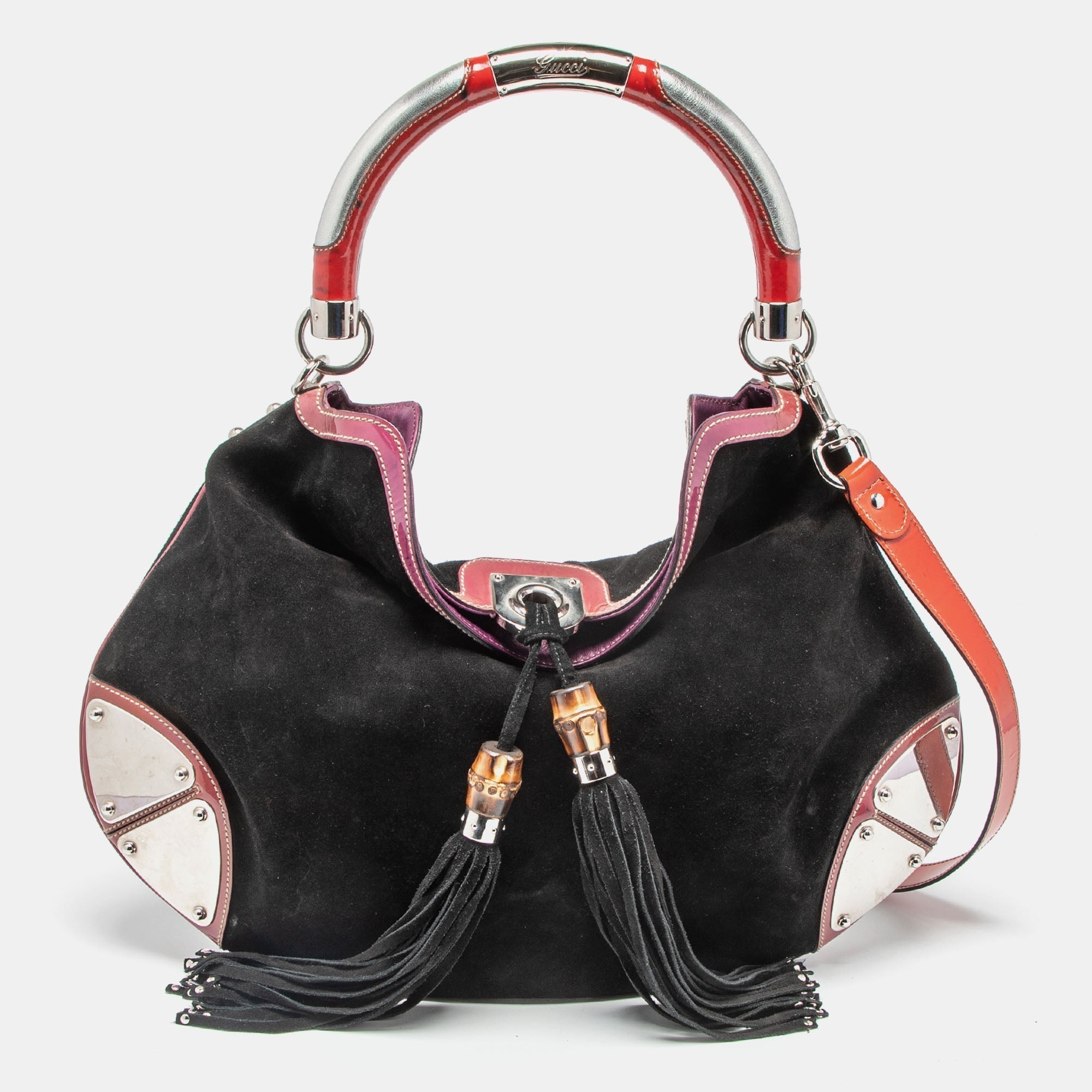 Gucci BlackRed Suede and Patent Leather Medium Babouska Indy Hobo