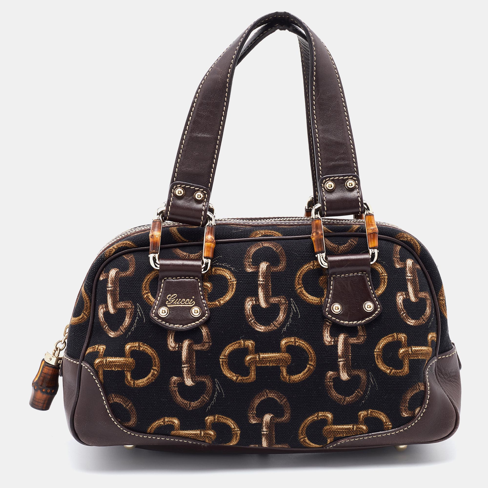 Gucci BrownBlack Horsebit Printed Canvas Bamboo Satchel