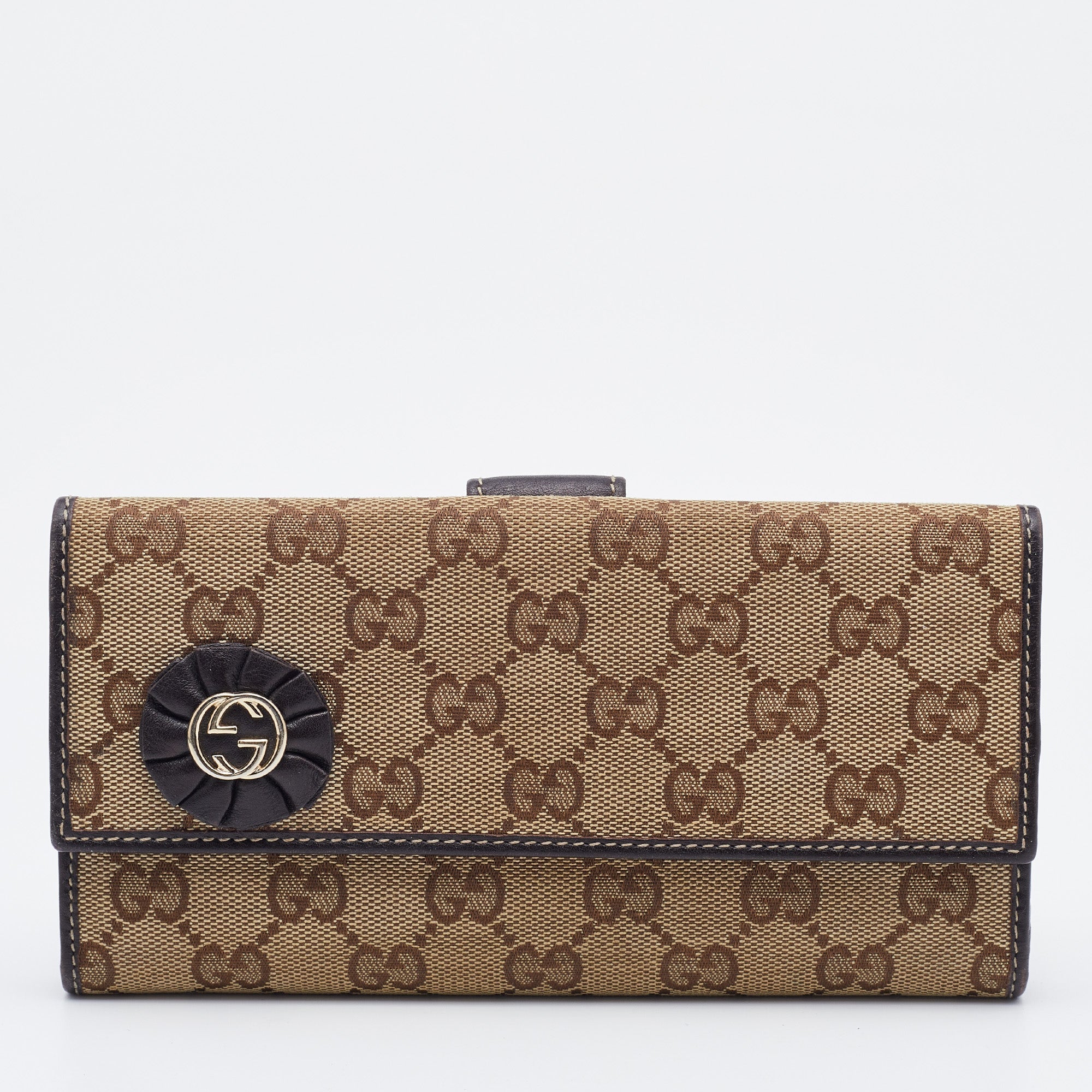 Gucci BeigeBrown GG Canvas and Leather Flap Continental Wallet