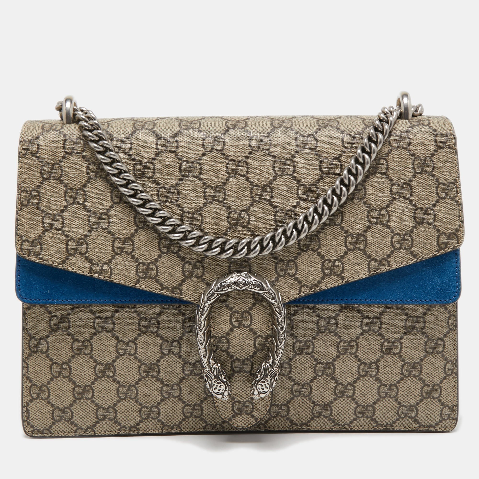Gucci BeigeBlue GG Supreme Canvas and Suede Medium Dionysus Shoulder Bag