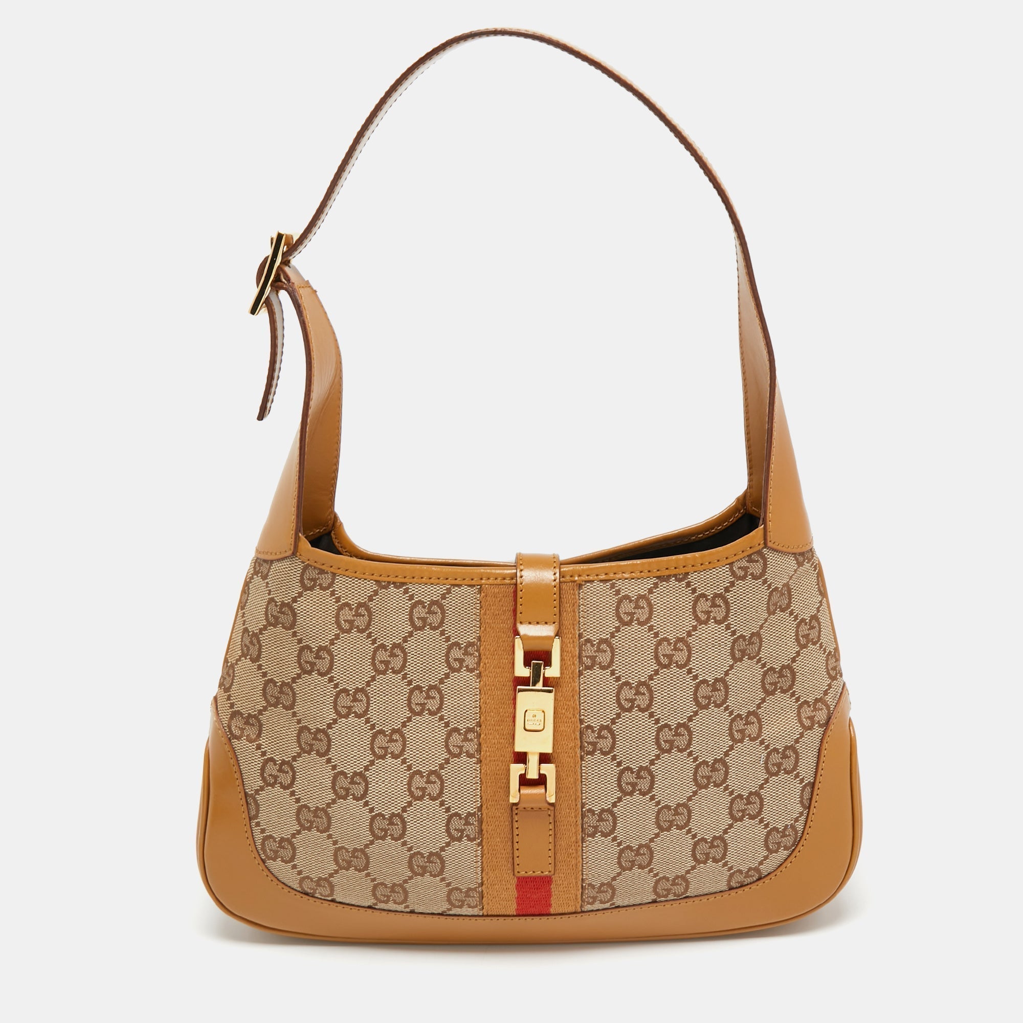 Gucci BeigeBrown GG Canvas and Leather Small Jackie Hobo