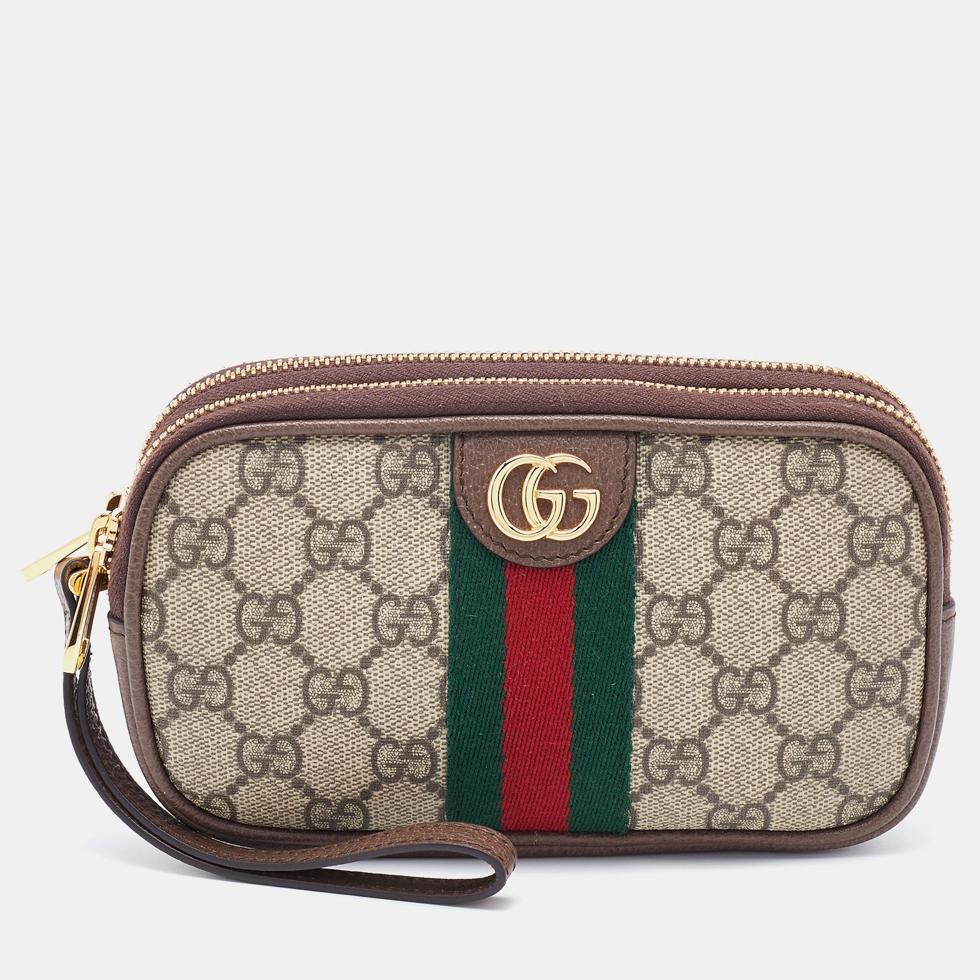 Gucci BeigeBrown GG Supreme Canvas and Leather Ophidia Wristlet