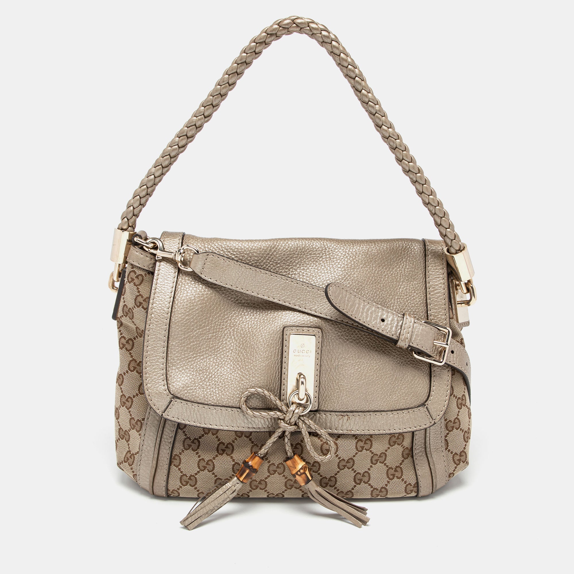 Gucci BeigeGold GG Canvas and Leather Bella Flap Bag