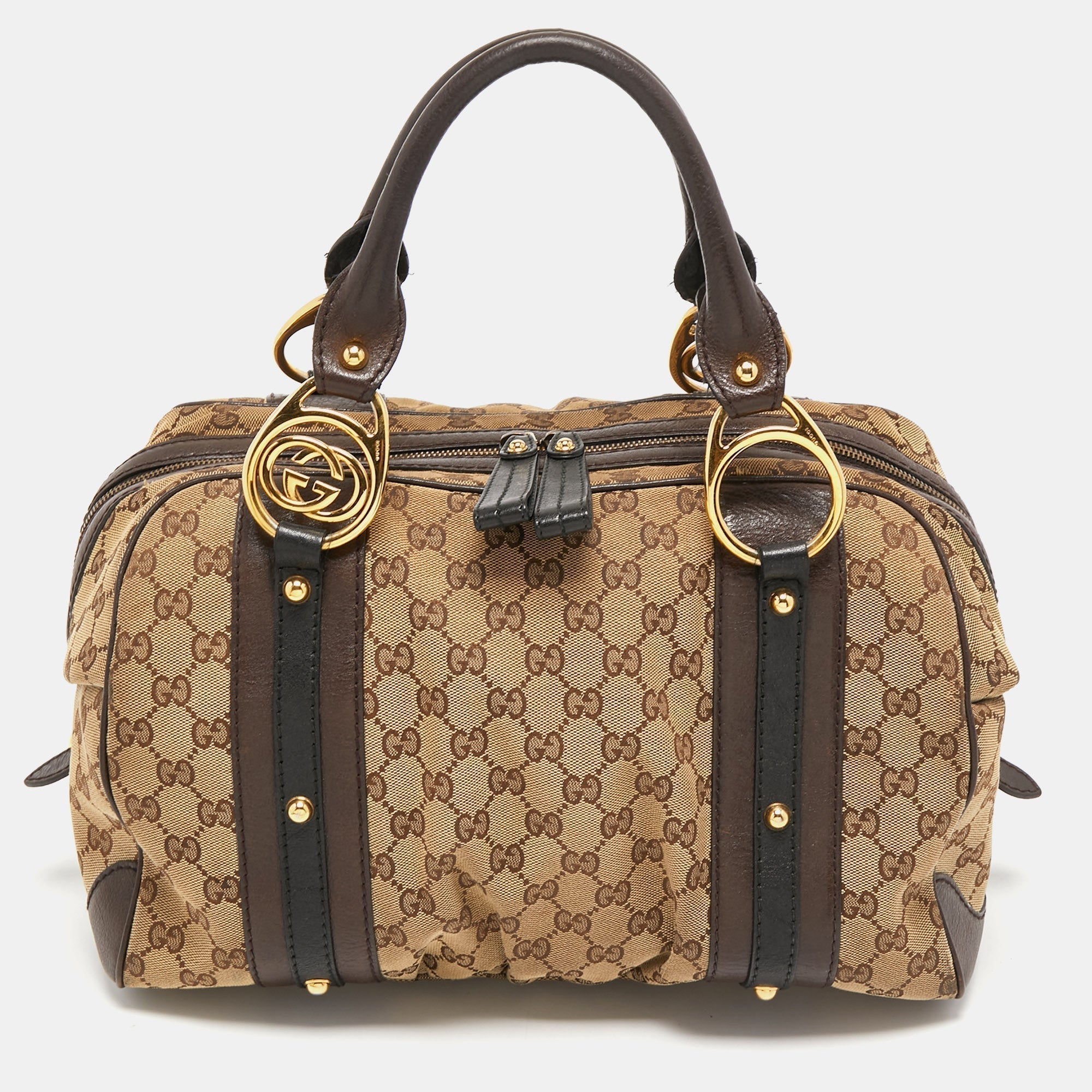 Gucci BeigeBrown Canvas and Leather Interlocking Boston Bag