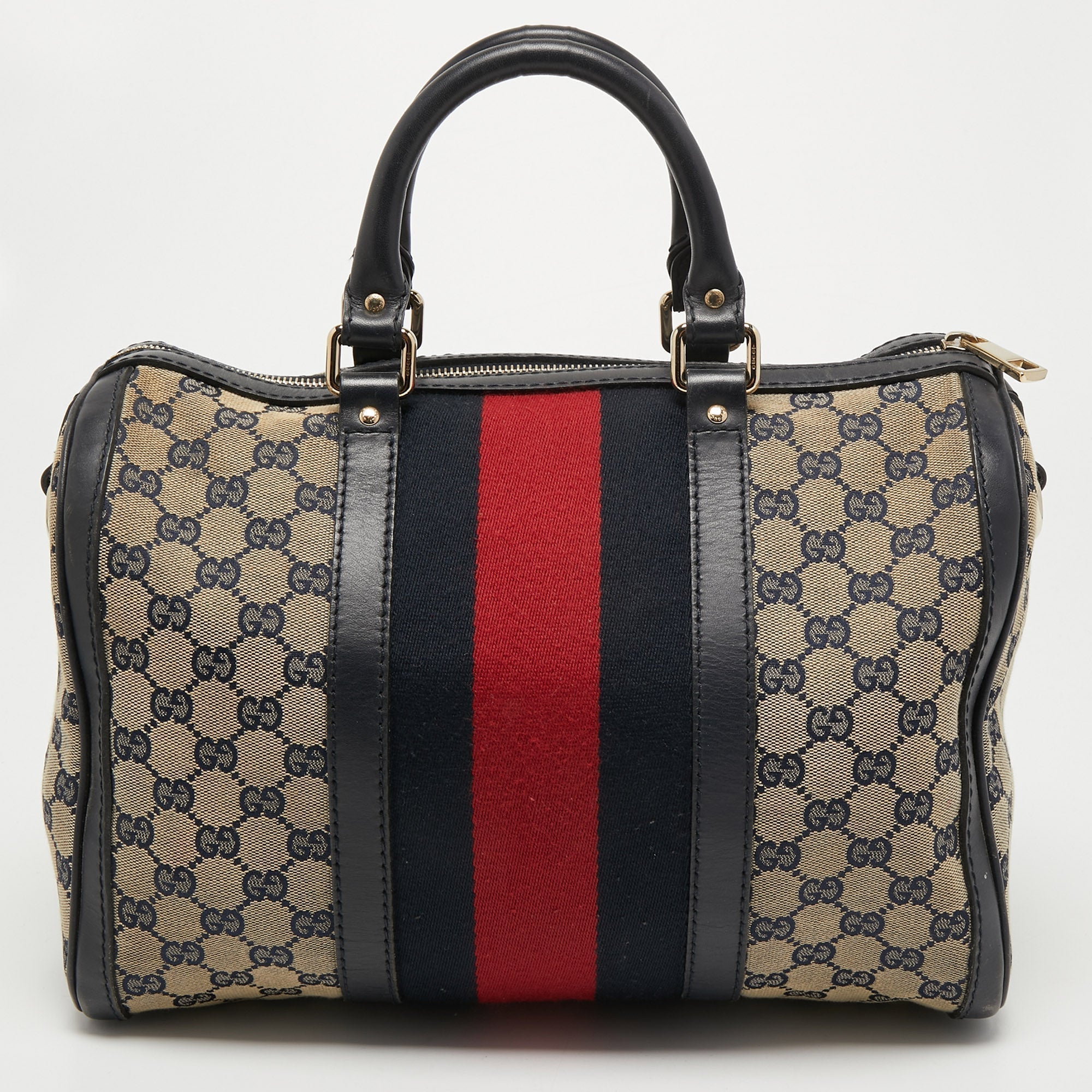 Gucci BeigeBlue GG Canvas Joy Web Boston Bag