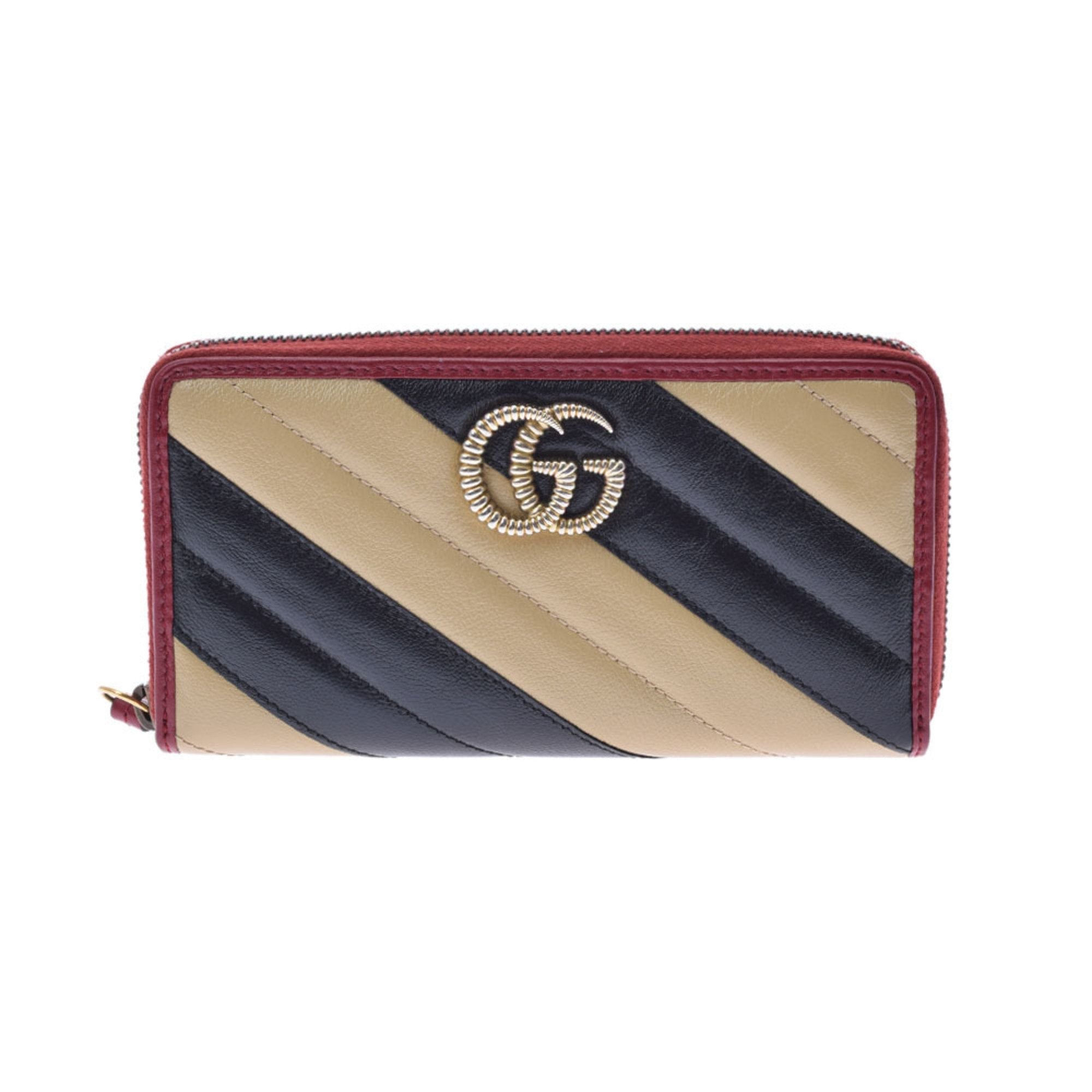 Gucci GG Marmont Round Long Wallet BeigeBlackRed 573810 Women's Leather
